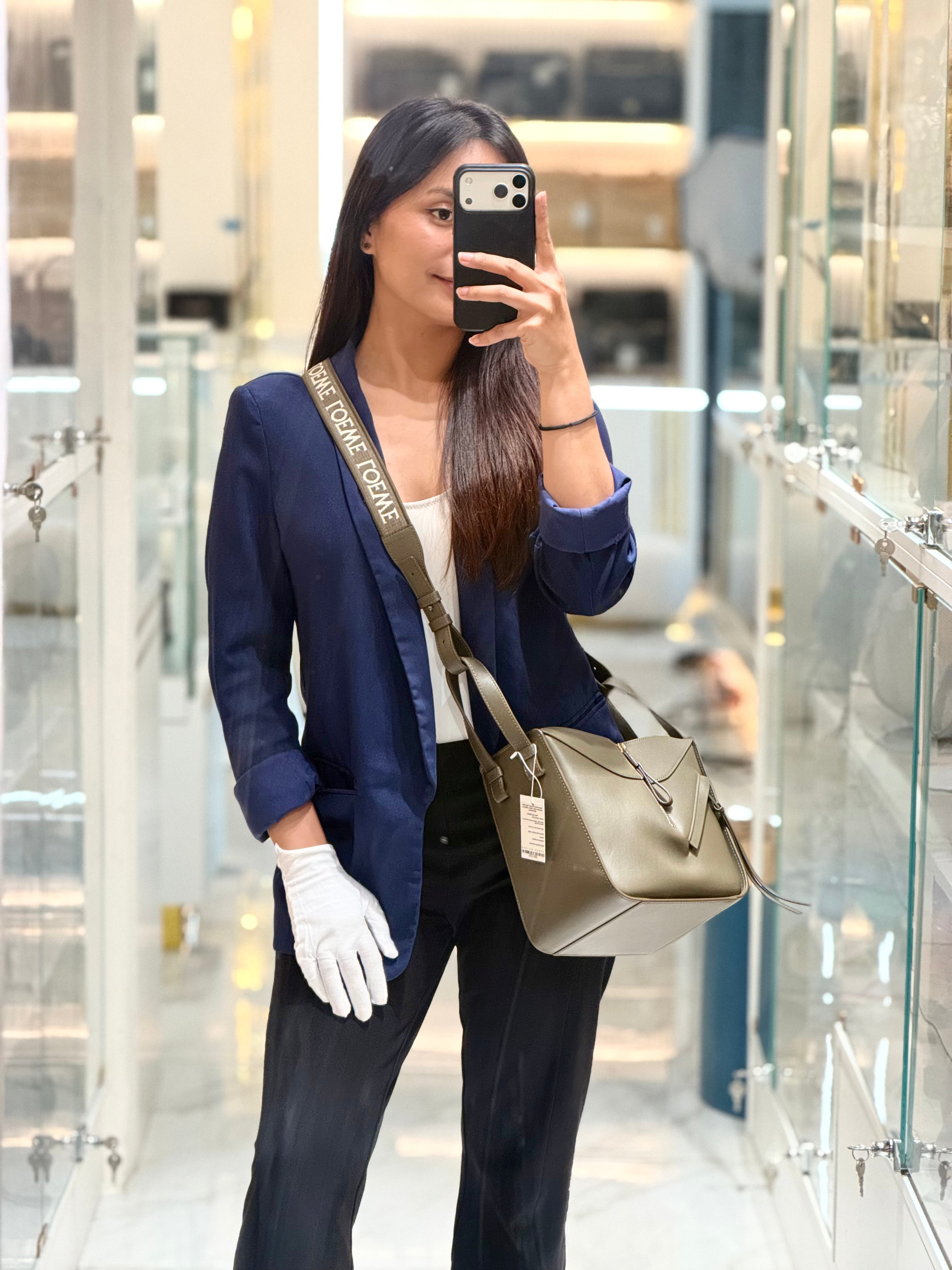 Loewe Hammock Compact Bag Small in Dark Oliver Green Calfskin Leather and Gold Hardware | Purse Maison Luxury Bags Shop