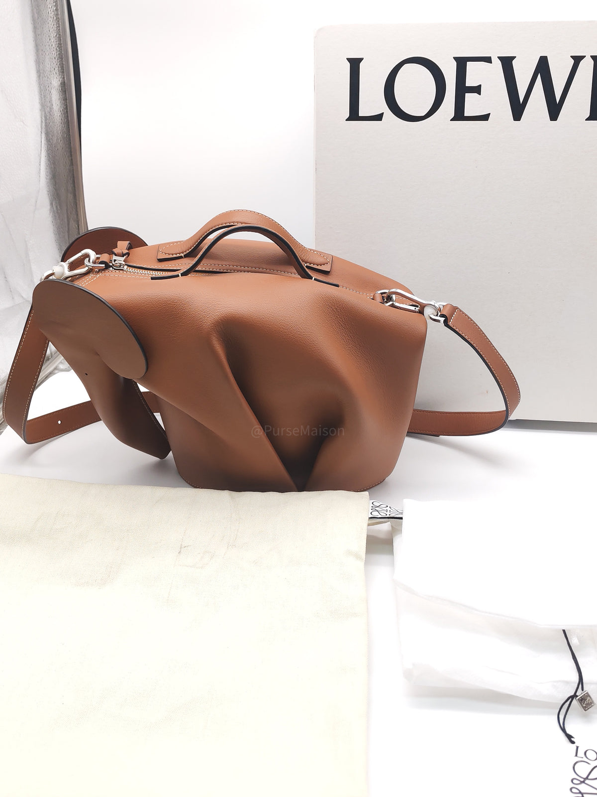 Loewe Large Elephant Bag in Tan Calfskin Leather Silver Hardware | Purse Maison Luxury Bags Shop