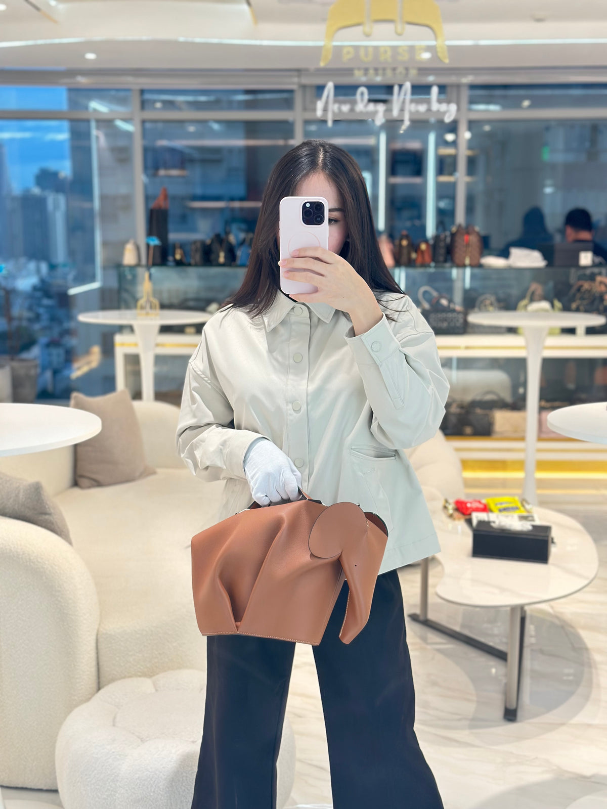 Loewe Large Elephant Bag in Tan Calfskin Leather Silver Hardware | Purse Maison Luxury Bags Shop