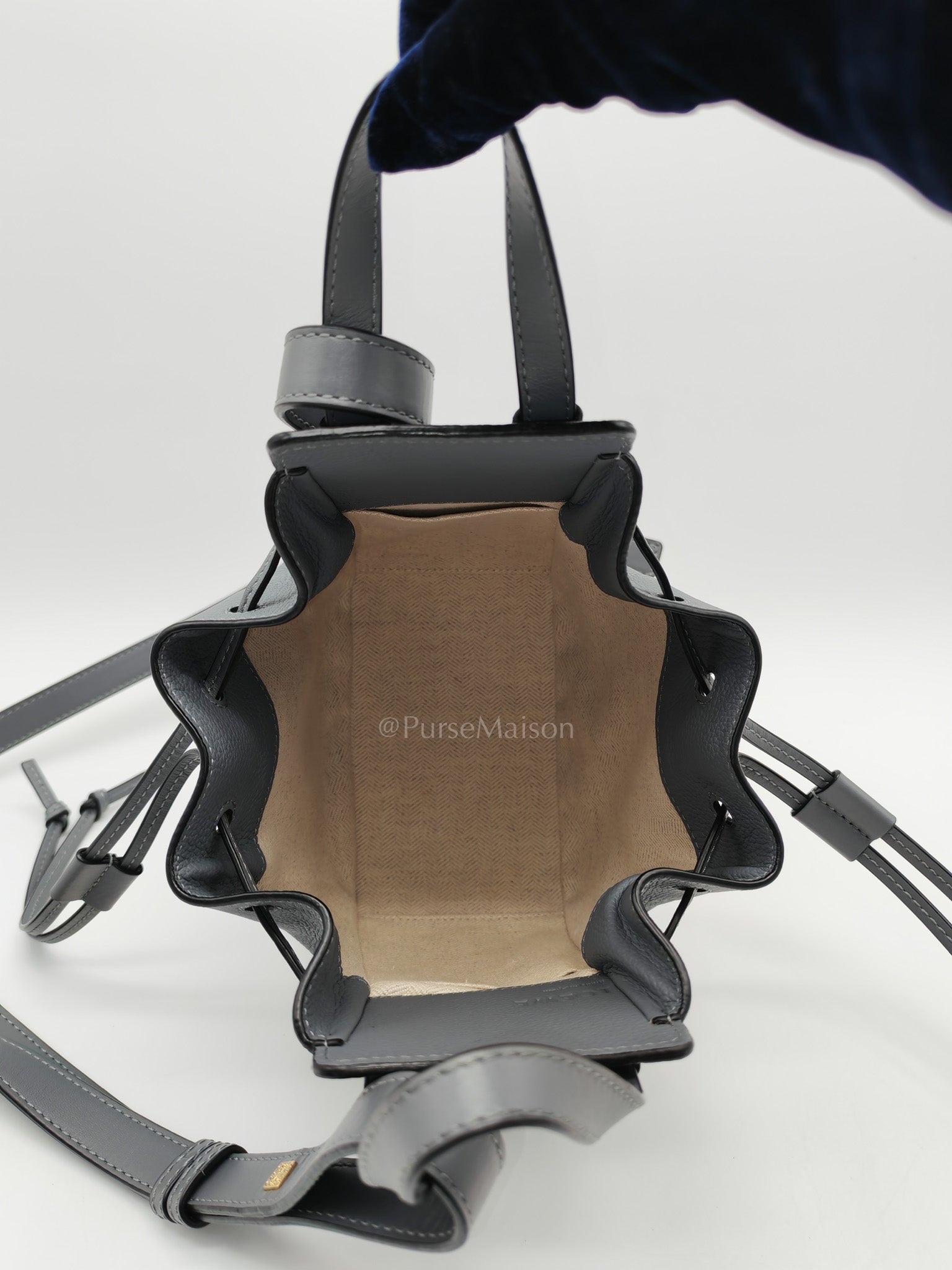 Loewe Mini Hammock Drawstring Bag in Gray Grained Calfskin Leather and Gold Hardware | Purse Maison Luxury Bags Shop