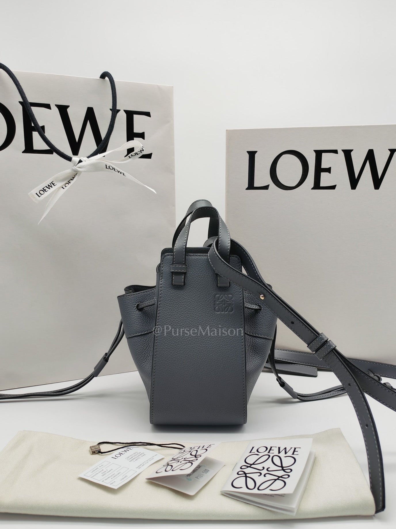 Loewe Mini Hammock Drawstring Bag in Gray Grained Calfskin Leather and Gold Hardware | Purse Maison Luxury Bags Shop