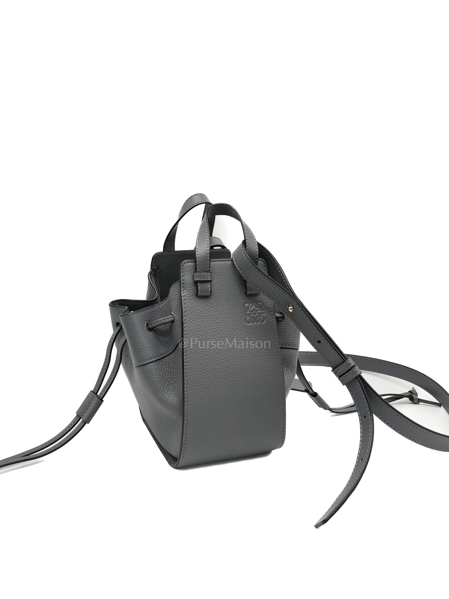 Loewe Mini Hammock Drawstring Bag in Gray Grained Calfskin Leather and Gold Hardware | Purse Maison Luxury Bags Shop