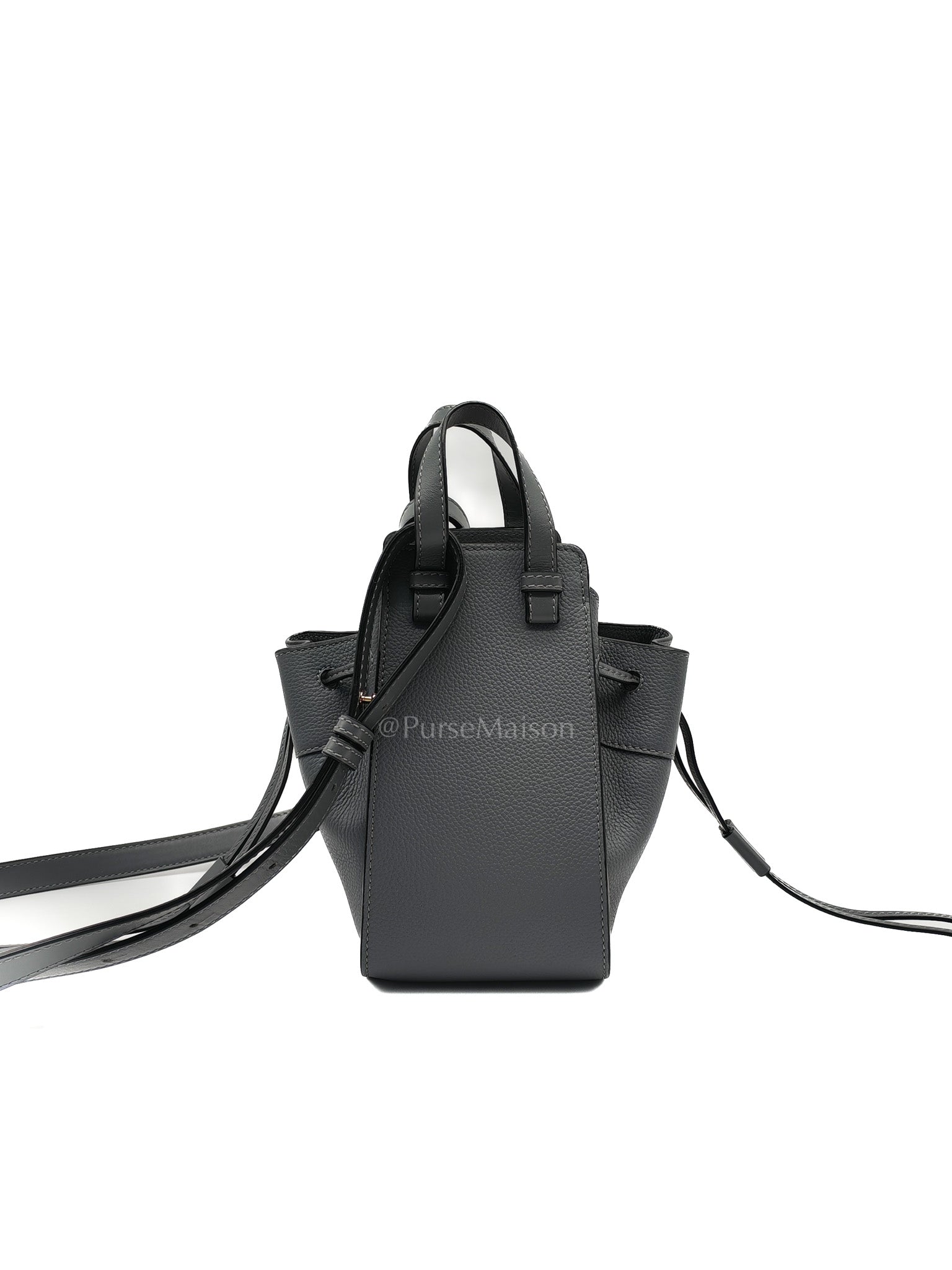 Loewe Mini Hammock Drawstring Bag in Gray Grained Calfskin Leather and Gold Hardware | Purse Maison Luxury Bags Shop