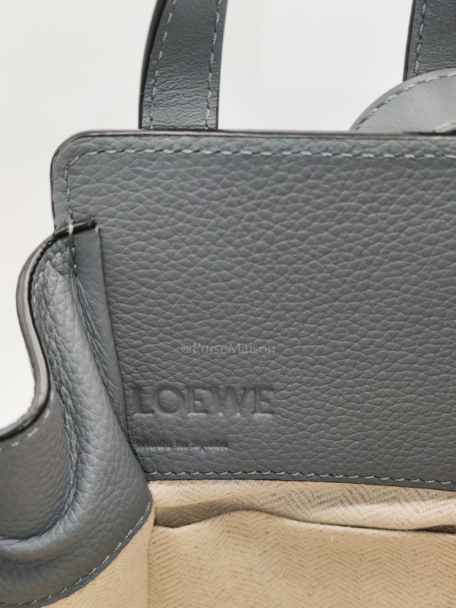 Loewe Mini Hammock Drawstring Bag in Gray Grained Calfskin Leather and Gold Hardware | Purse Maison Luxury Bags Shop