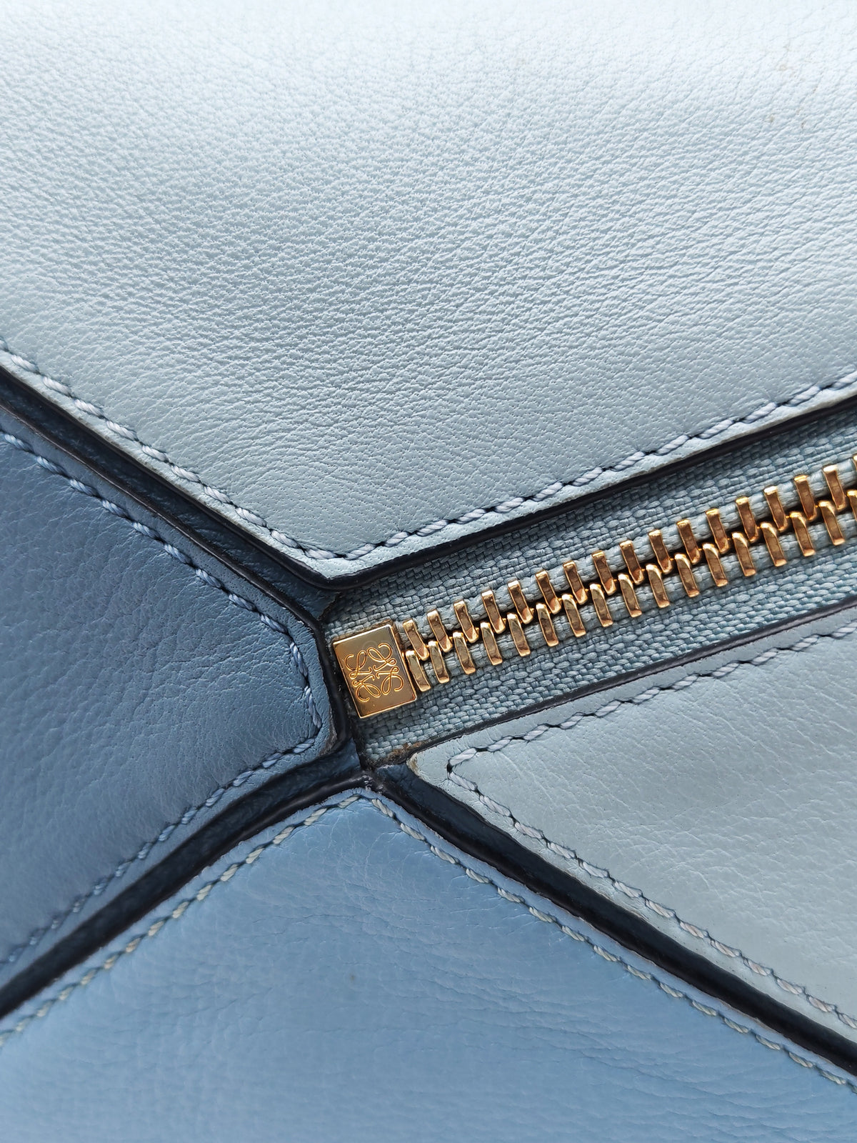 Loewe Puzzle Bag Medium in Tricolor Blue Calfskin Leather and Light Gold Hardware | Purse Maison Luxury Bags Shop
