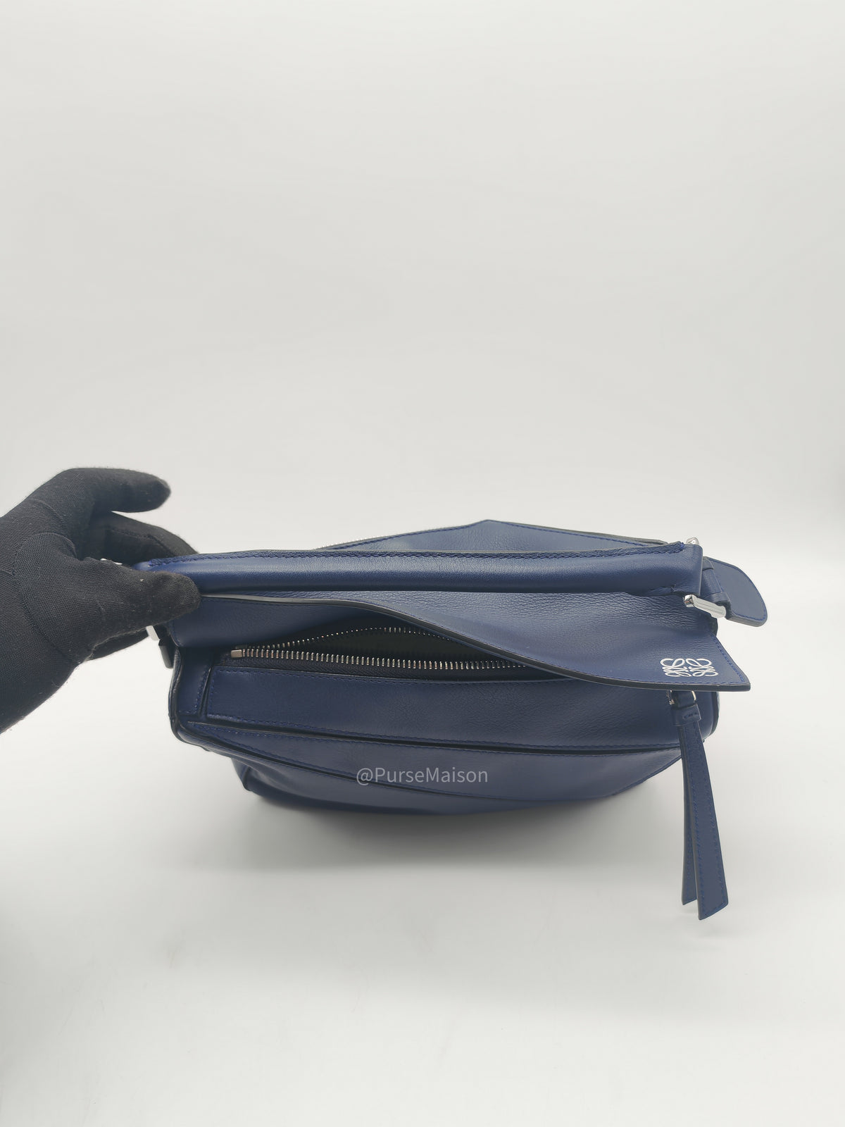Loewe Puzzle Bag Small in Dark Blue Calfskin Leather and Silver Hardware | Purse Maison Luxury Bags Shop