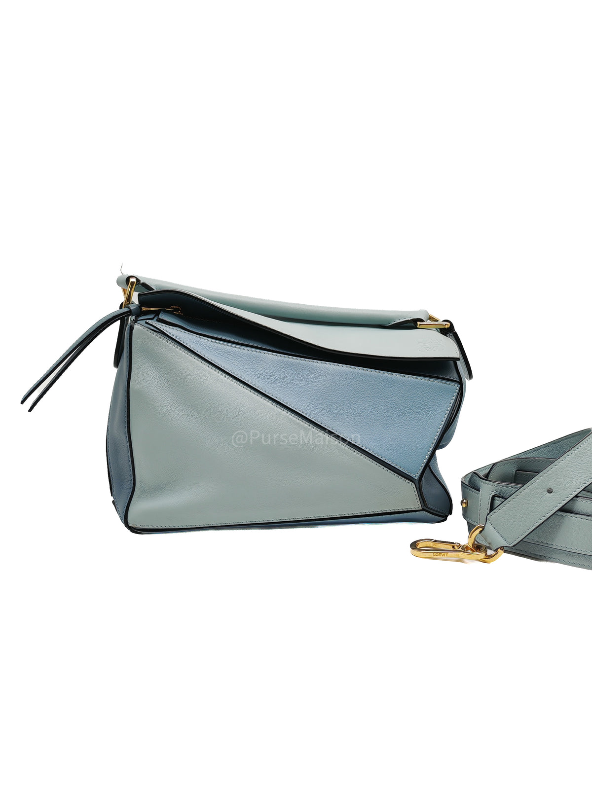 Loewe Puzzle Bag Small in Multi-tone Blue/Aqua Colorway Calfskin Leather and Gold Hardware | Purse Maison Luxury Bags Shop