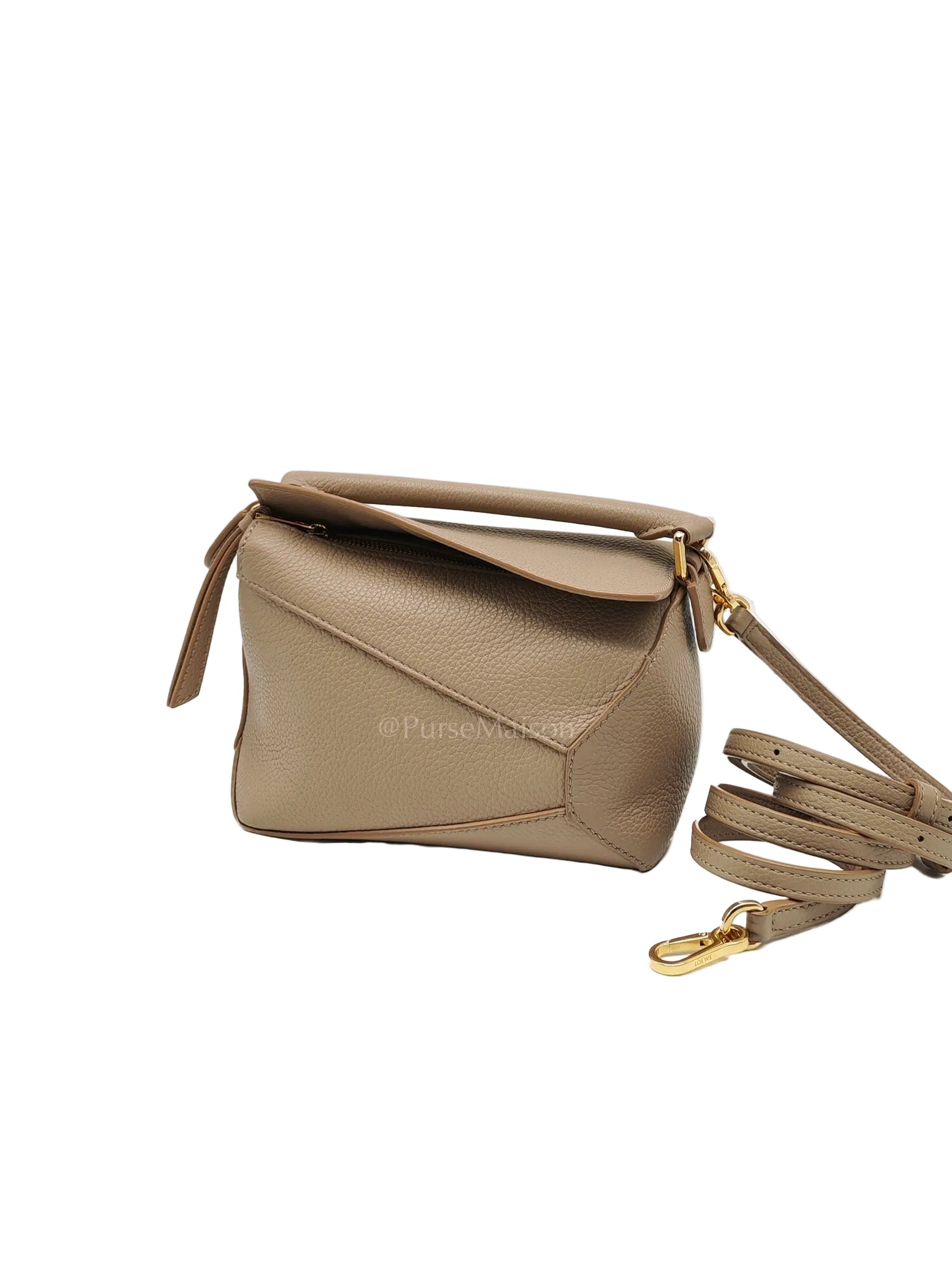 Loewe Puzzle Edge Bag in Dark Beige Soft Grained Calfskin Leather and Gold Hardware | Purse Maison Luxury Bags Shop