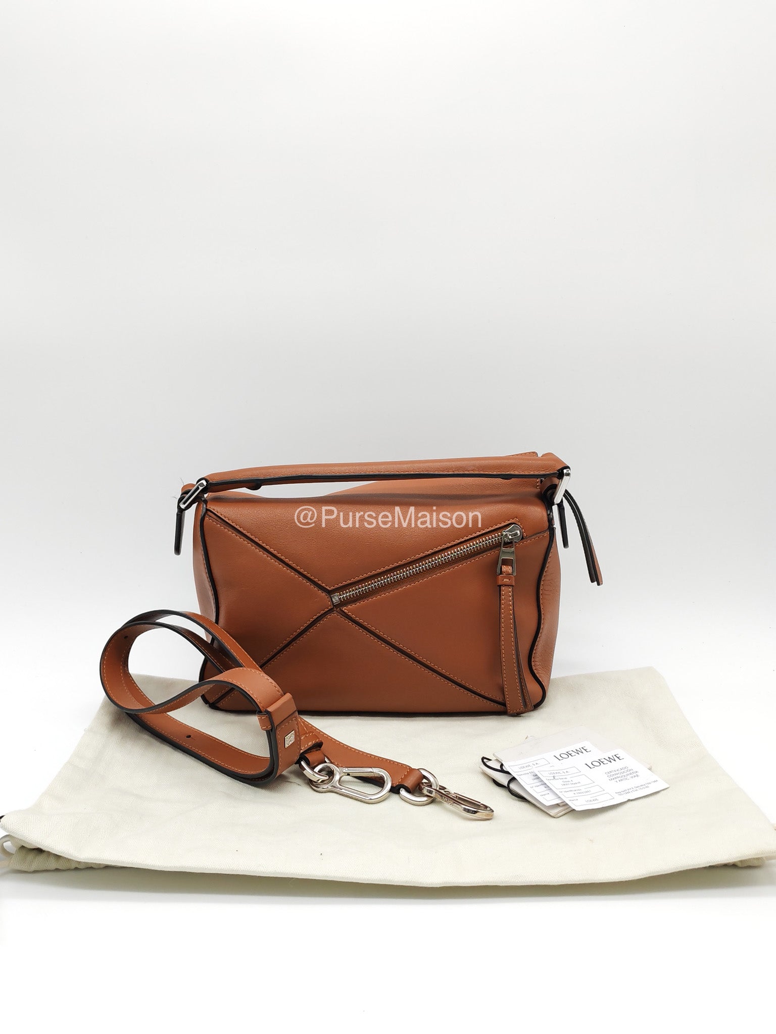 Loewe Puzzle Small Bag in Tan Calfskin Leather and Silver Hardware | Purse Maison Luxury Bags Shop