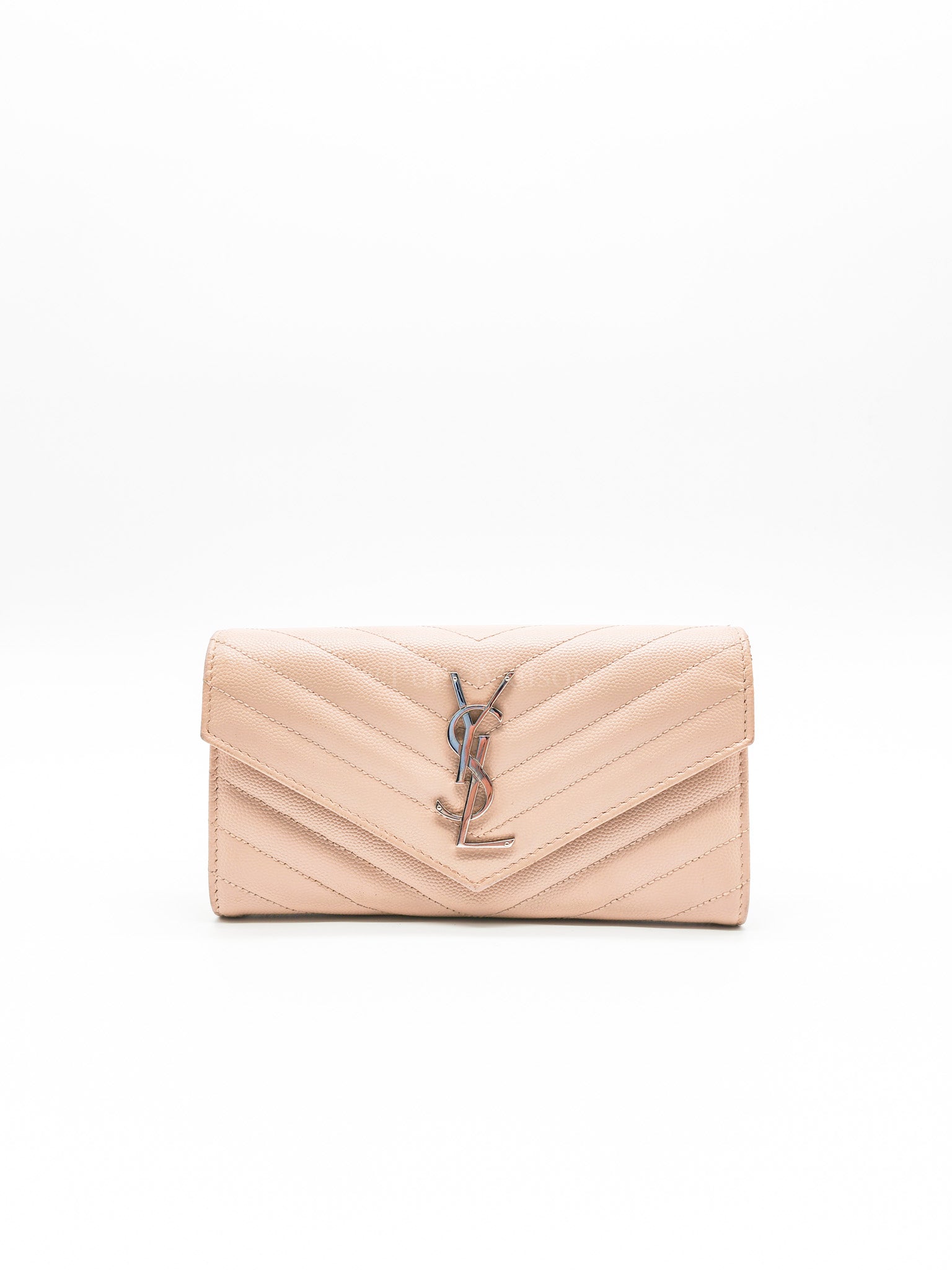 Long Flap Wallet in Nude Pink Grain De Poudre Leather Silver Hardware | Purse Maison Luxury Bags Shop