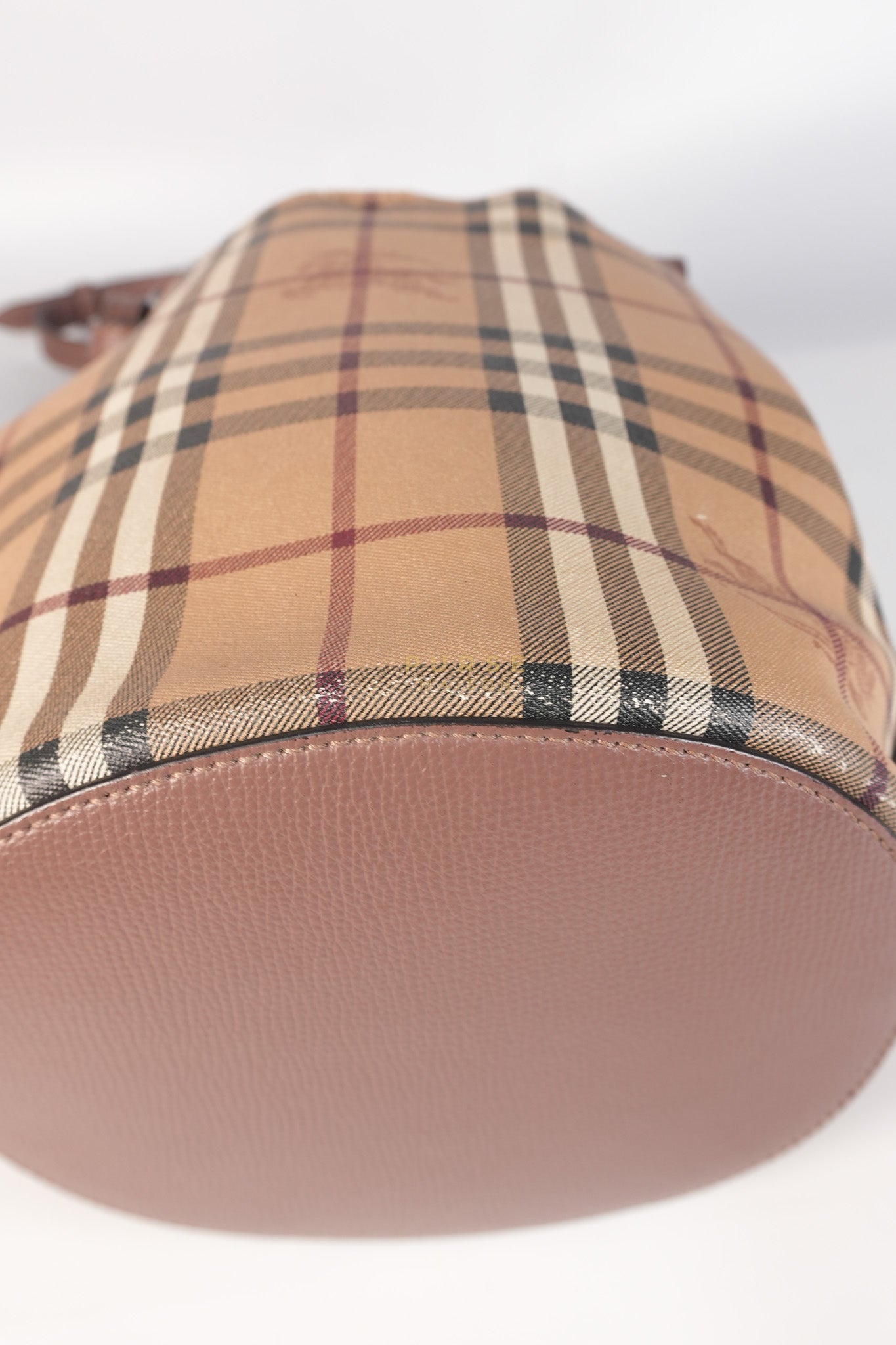 Lorne Small Haymarket Check Bucket Bag – Light Elderberry/Leather | Purse Maison Luxury Bags Shop