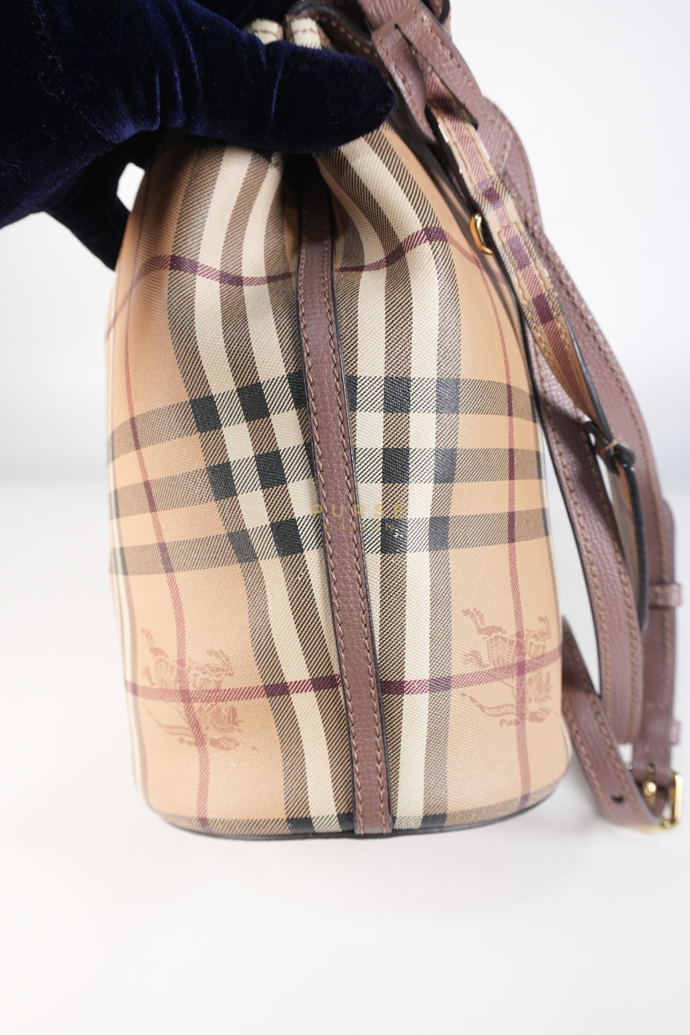 Lorne Small Haymarket Check Bucket Bag – Light Elderberry/Leather | Purse Maison Luxury Bags Shop