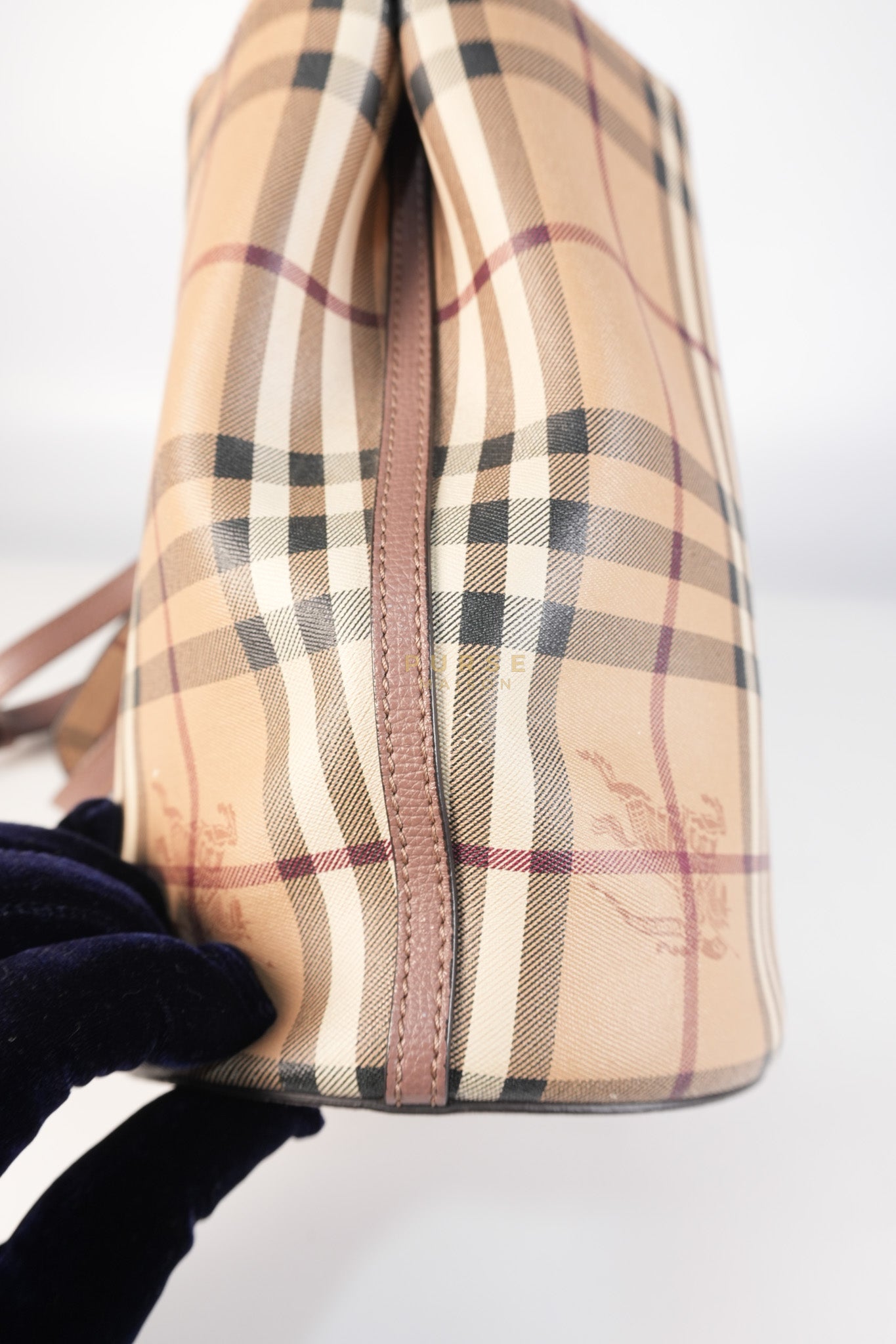 Lorne Small Haymarket Check Bucket Bag – Light Elderberry/Leather | Purse Maison Luxury Bags Shop