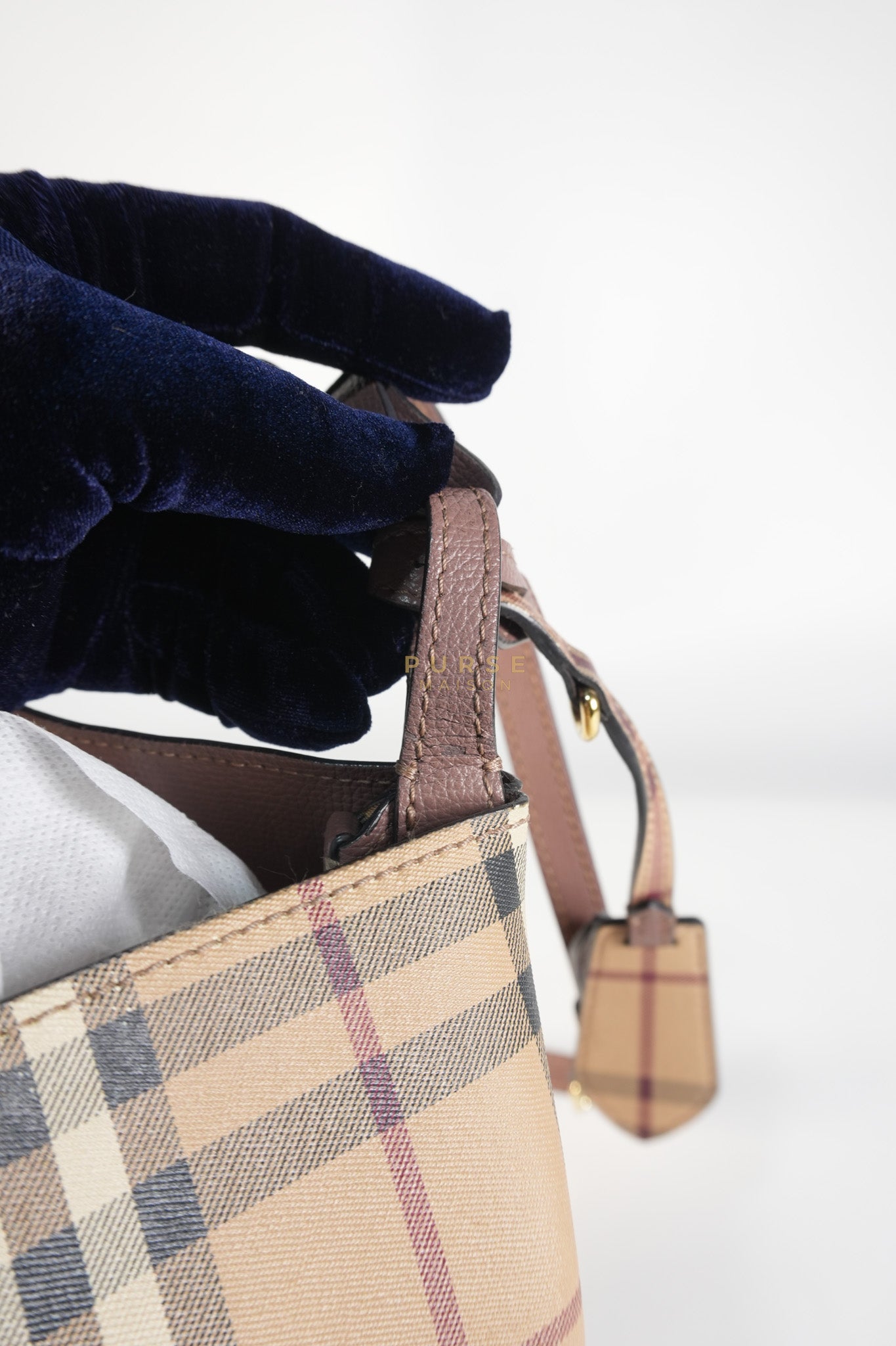 Lorne Small Haymarket Check Bucket Bag – Light Elderberry/Leather | Purse Maison Luxury Bags Shop