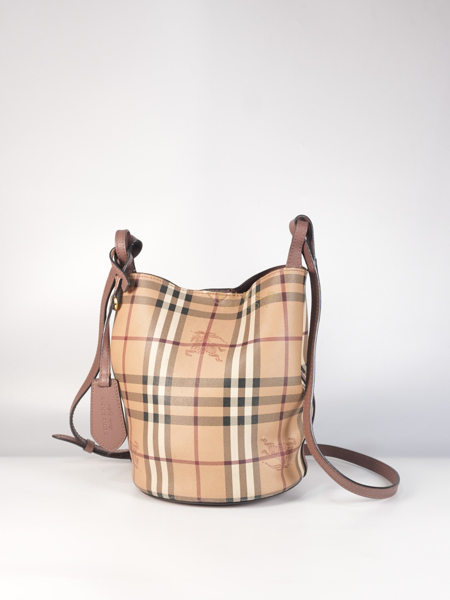 Lorne Small Haymarket Check Bucket Bag – Light Elderberry/Leather | Purse Maison Luxury Bags Shop
