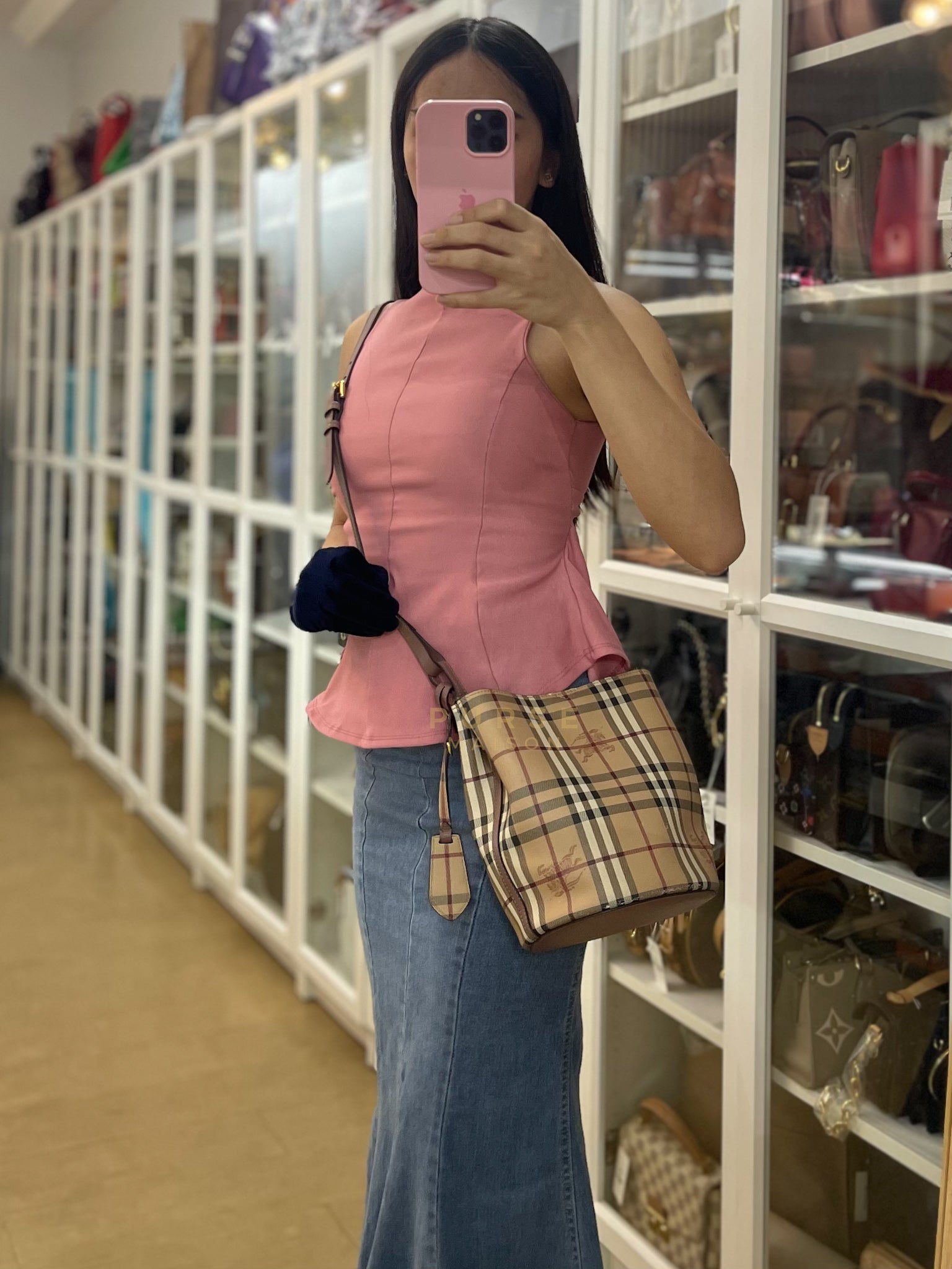 Lorne Small Haymarket Check Bucket Bag – Light Elderberry/Leather | Purse Maison Luxury Bags Shop