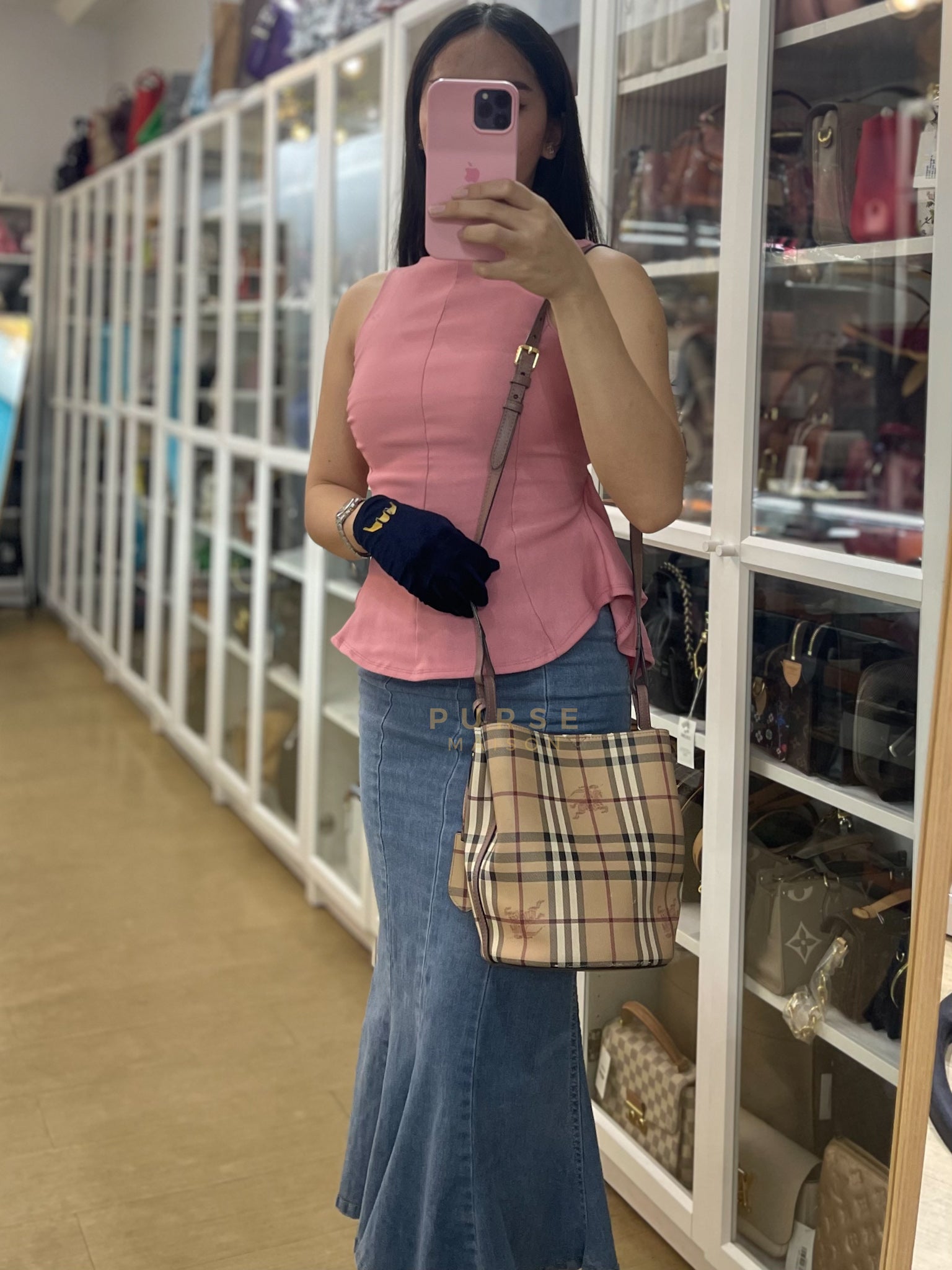 Lorne Small Haymarket Check Bucket Bag – Light Elderberry/Leather | Purse Maison Luxury Bags Shop