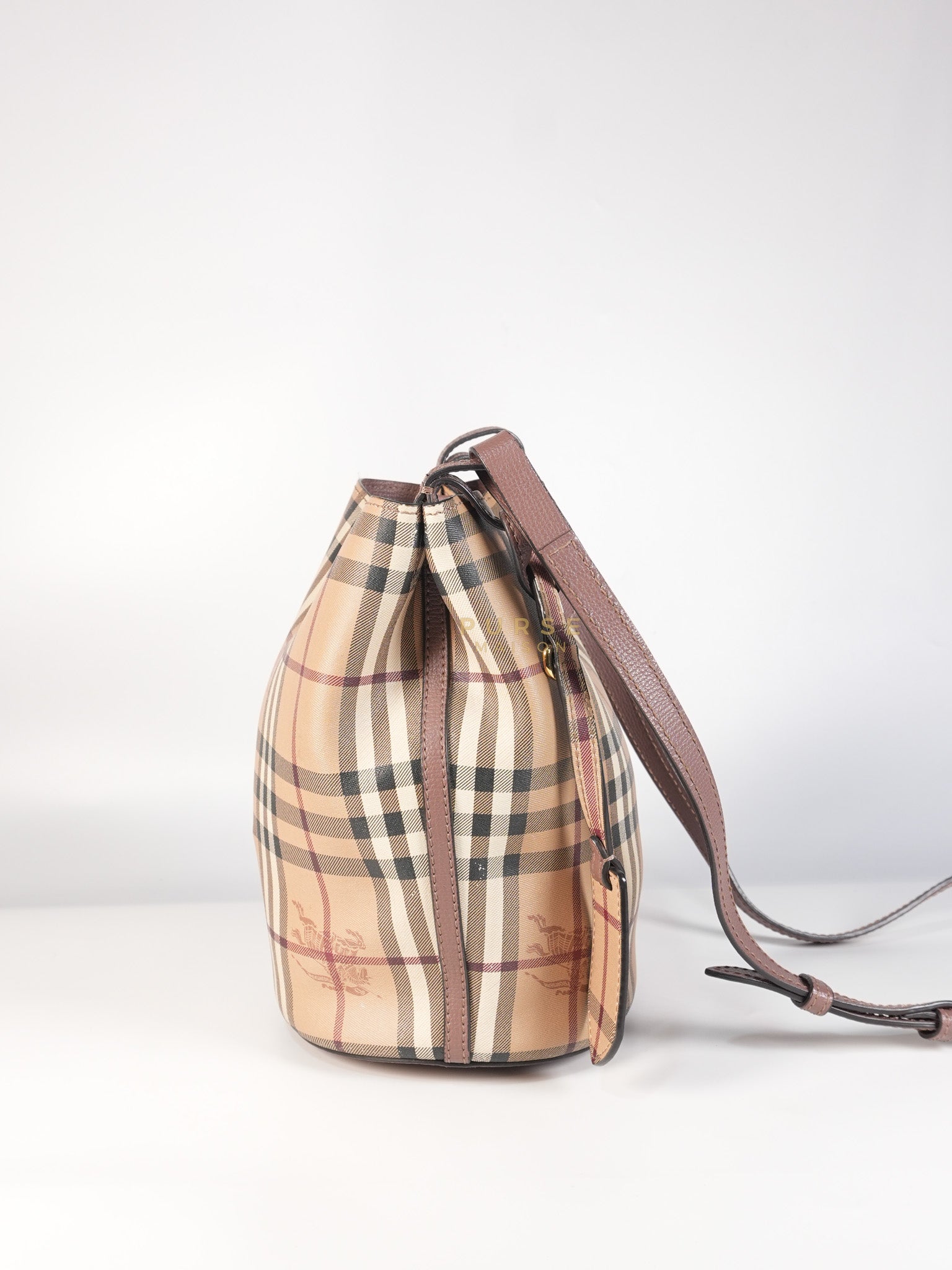 Lorne Small Haymarket Check Bucket Bag – Light Elderberry/Leather | Purse Maison Luxury Bags Shop