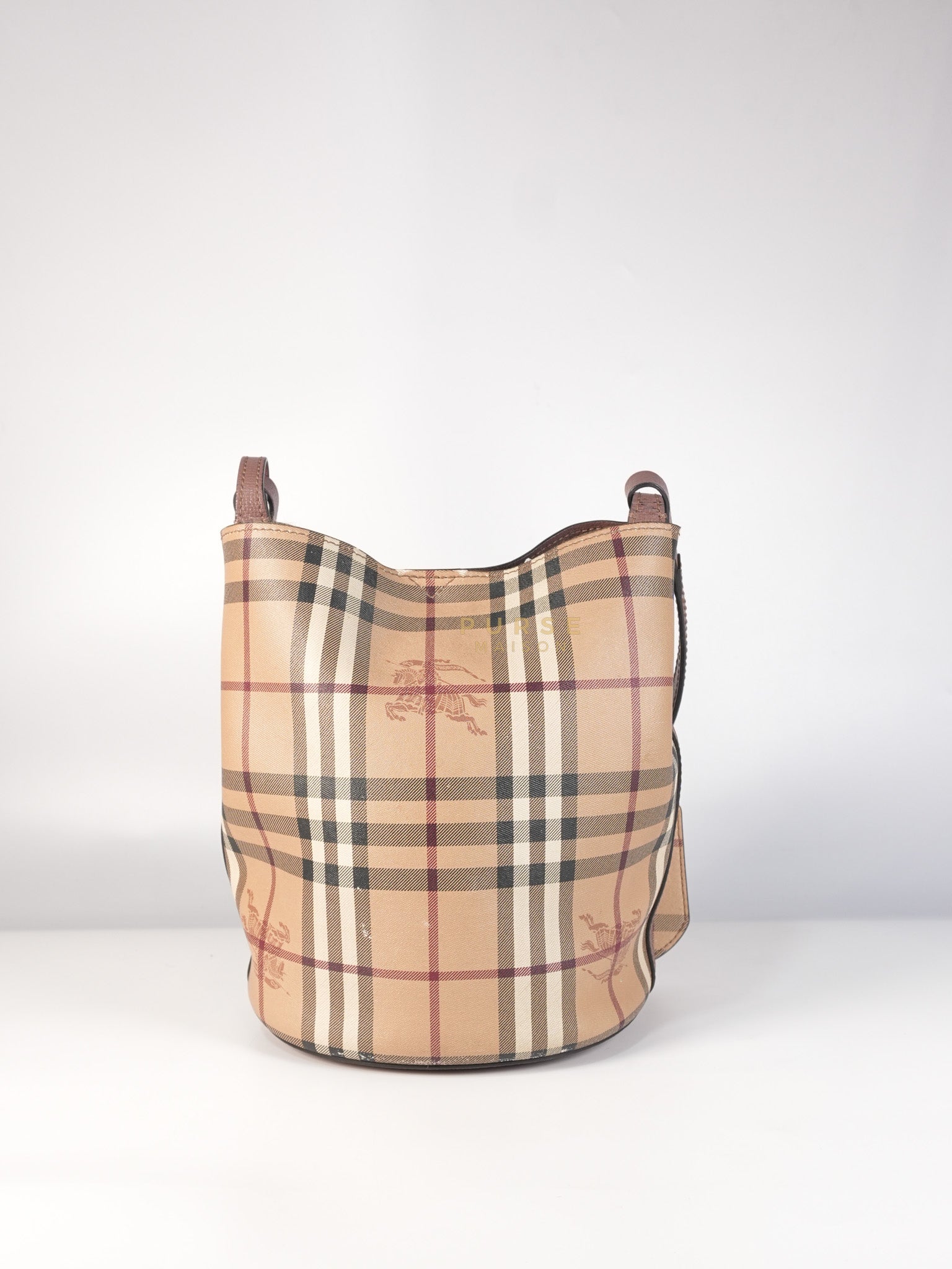 Lorne Small Haymarket Check Bucket Bag – Light Elderberry/Leather | Purse Maison Luxury Bags Shop