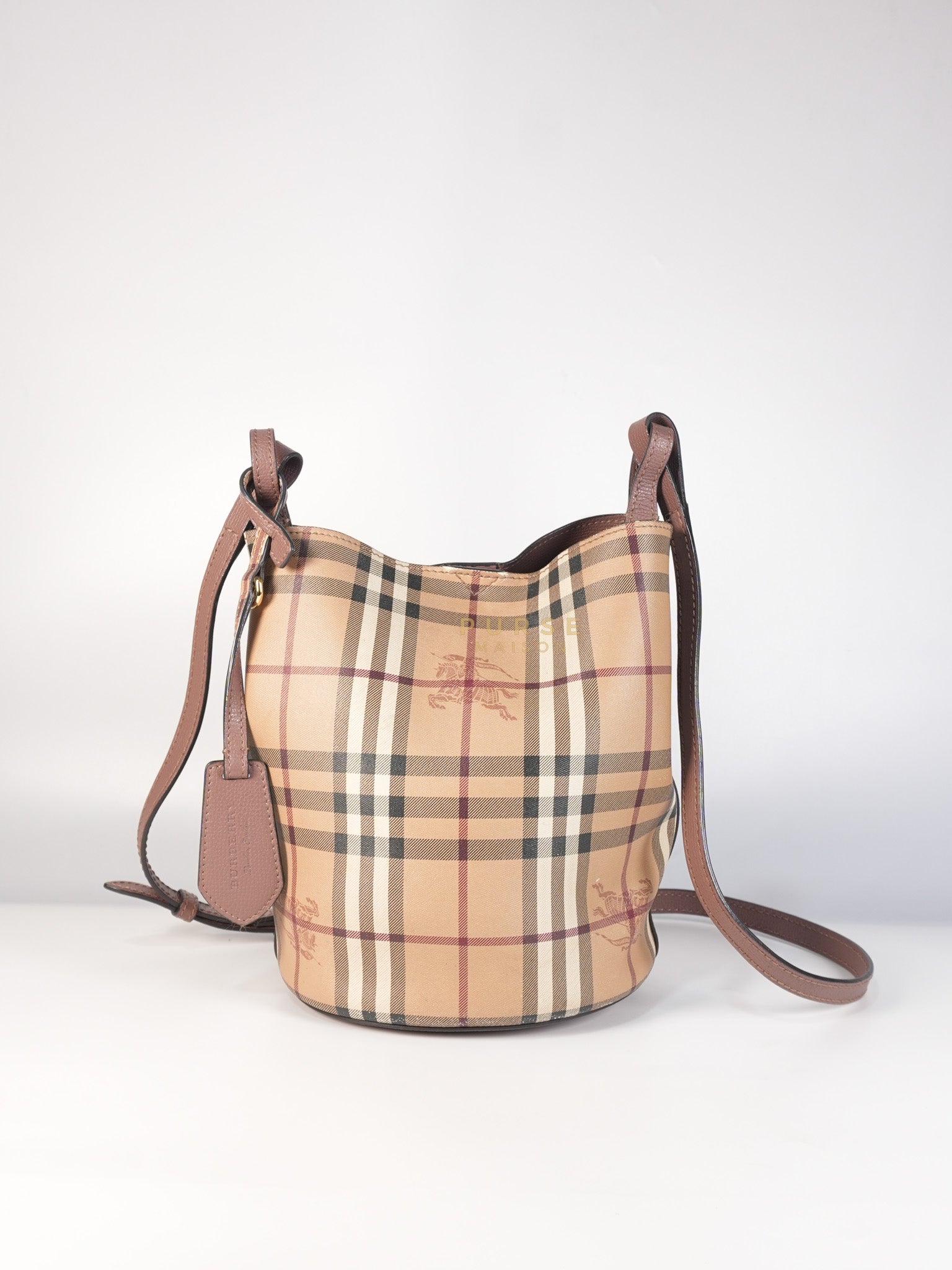 Lorne Small Haymarket Check Bucket Bag – Light Elderberry/Leather | Purse Maison Luxury Bags Shop