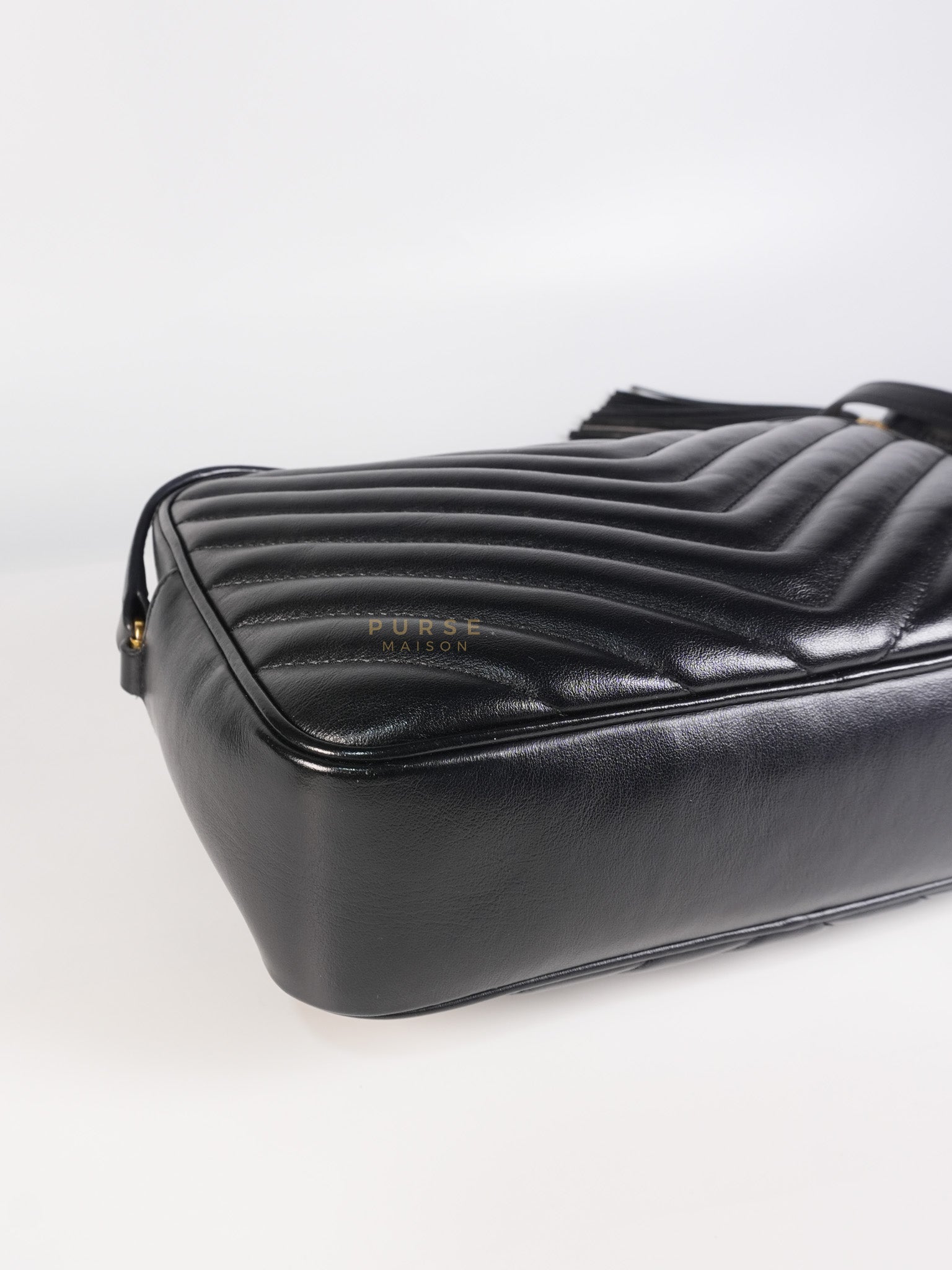 Lou Camera Bag in Black Chevron Calfskin Leather | Purse Maison Luxury Bags Shop