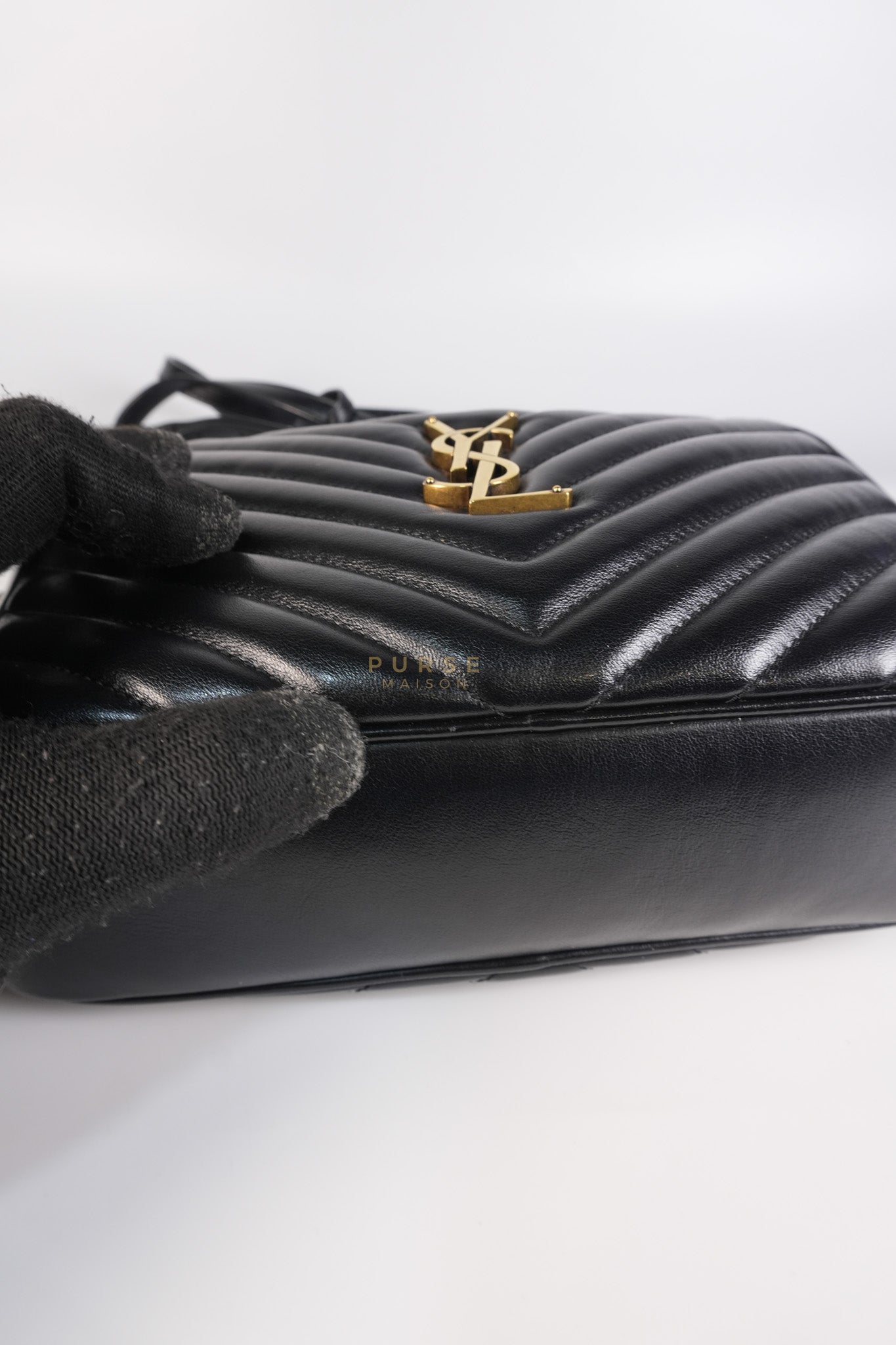 Lou Camera Bag in Black Chevron Calfskin Leather | Purse Maison Luxury Bags Shop
