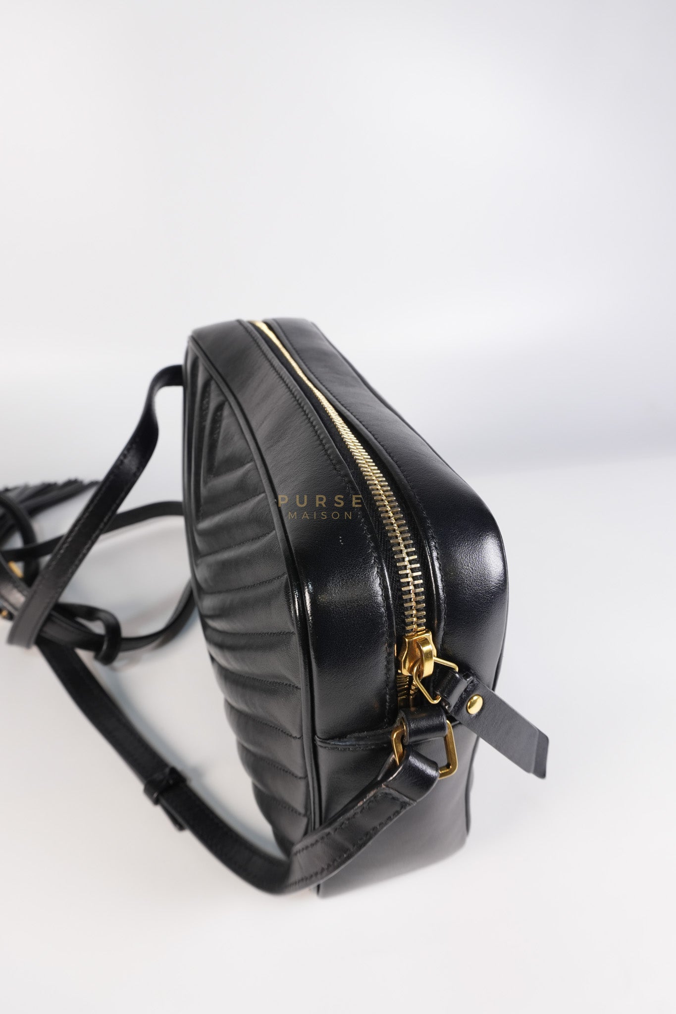 Lou Camera Bag in Black Chevron Calfskin Leather | Purse Maison Luxury Bags Shop