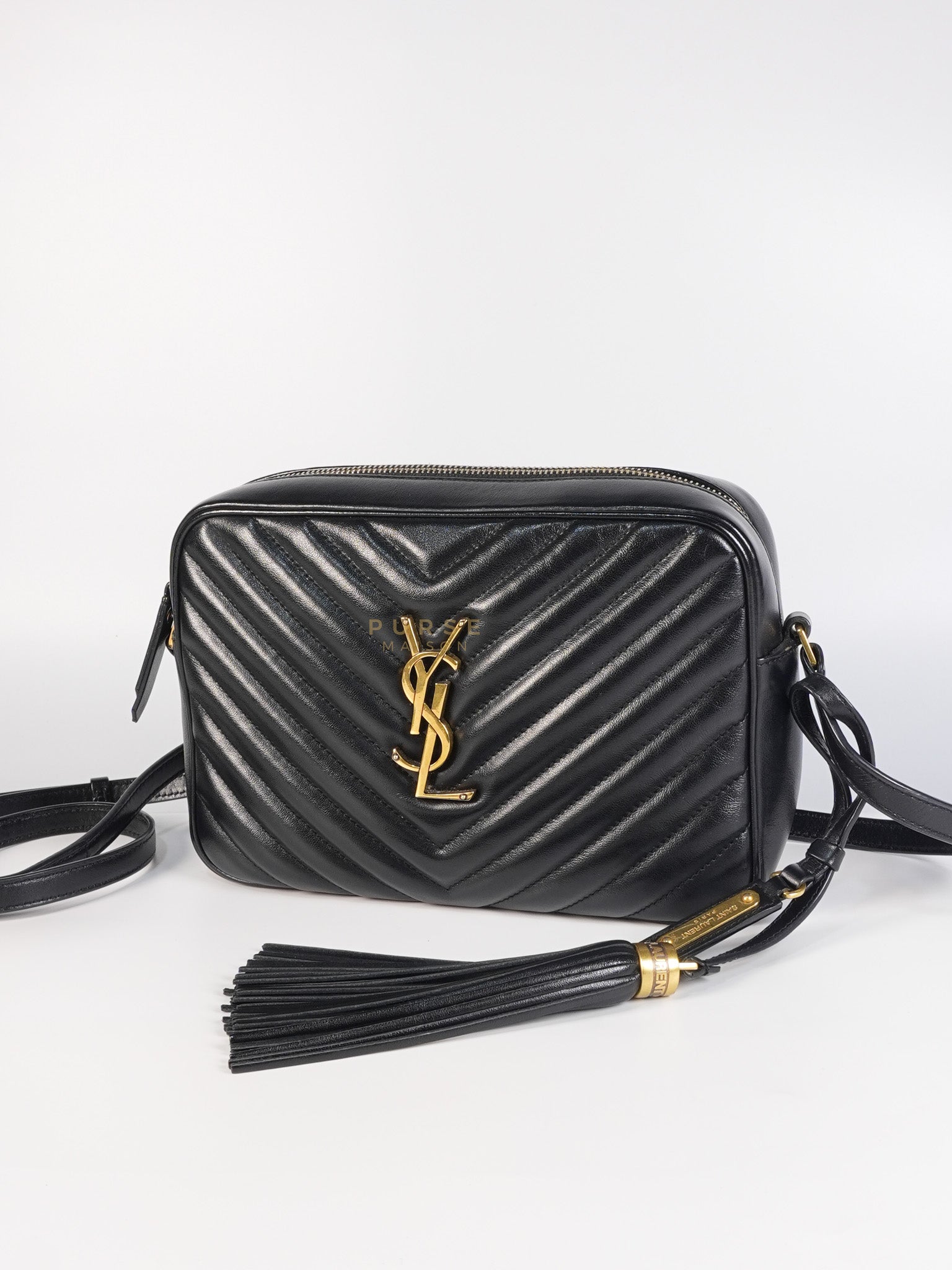 Lou Camera Bag in Black Chevron Calfskin Leather | Purse Maison Luxury Bags Shop