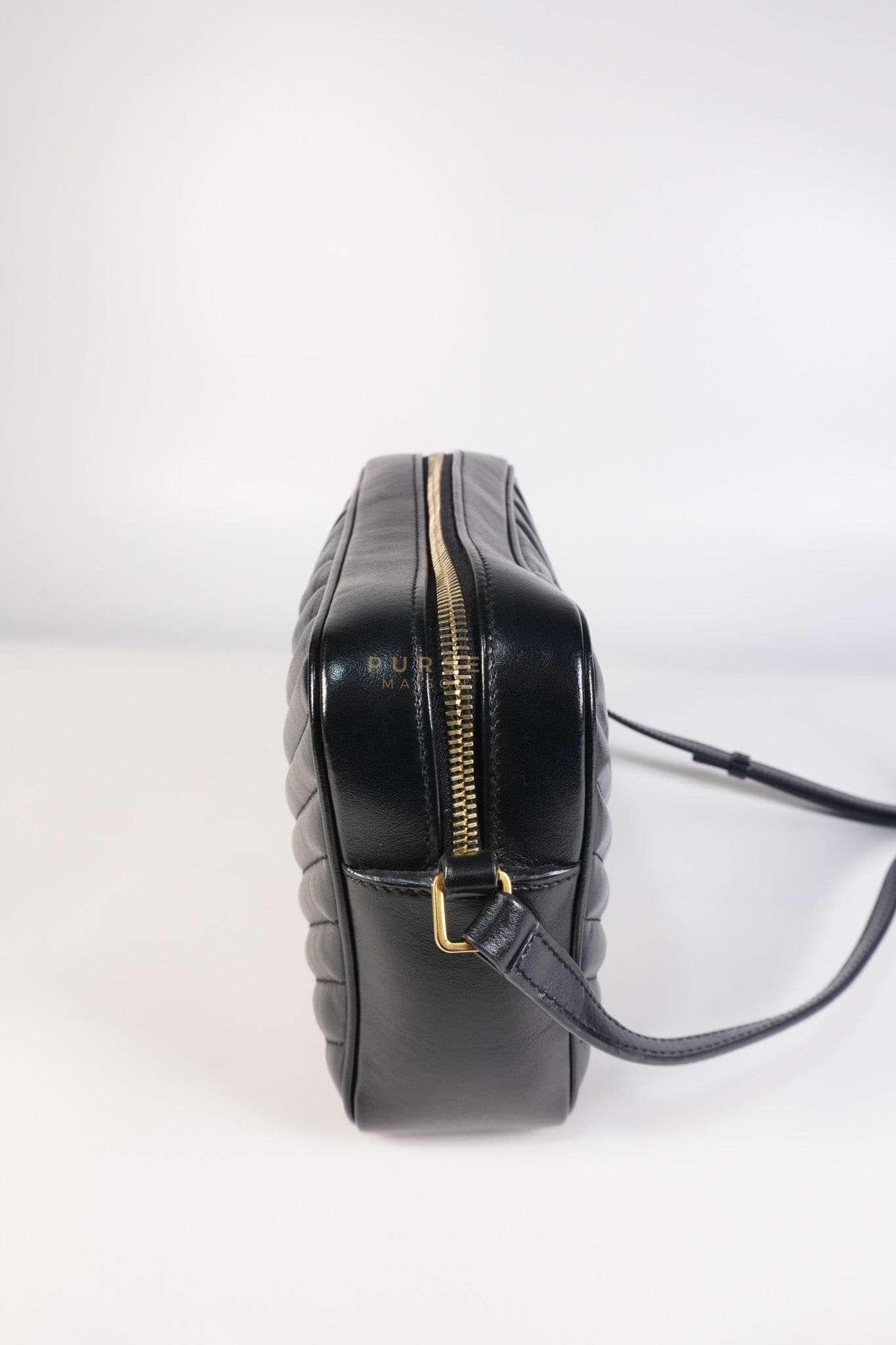 Lou Camera Bag in Black Chevron Calfskin Leather | Purse Maison Luxury Bags Shop