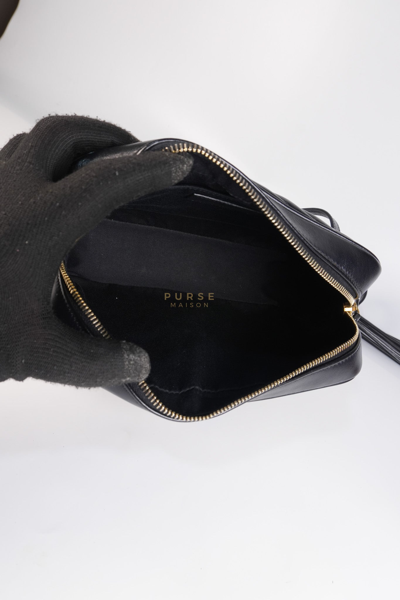 Lou Camera Bag in Black Chevron Calfskin Leather | Purse Maison Luxury Bags Shop