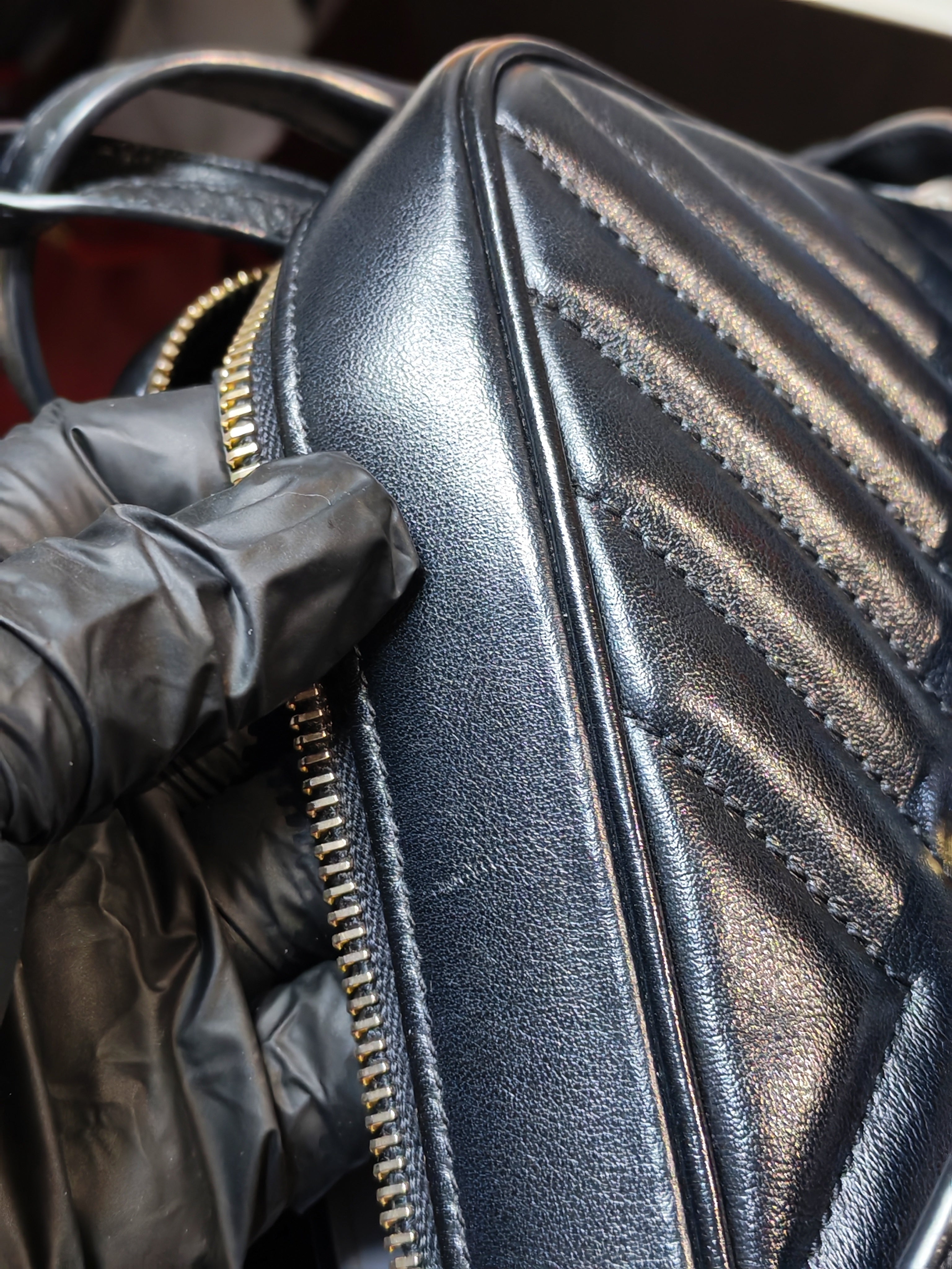 Lou Camera Bag in Black Chevron Calfskin Leather | Purse Maison Luxury Bags Shop
