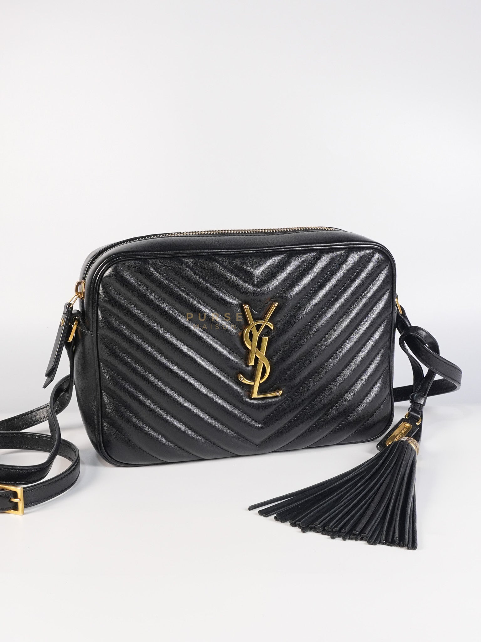 Lou Camera Bag in Black Chevron Calfskin Leather | Purse Maison Luxury Bags Shop