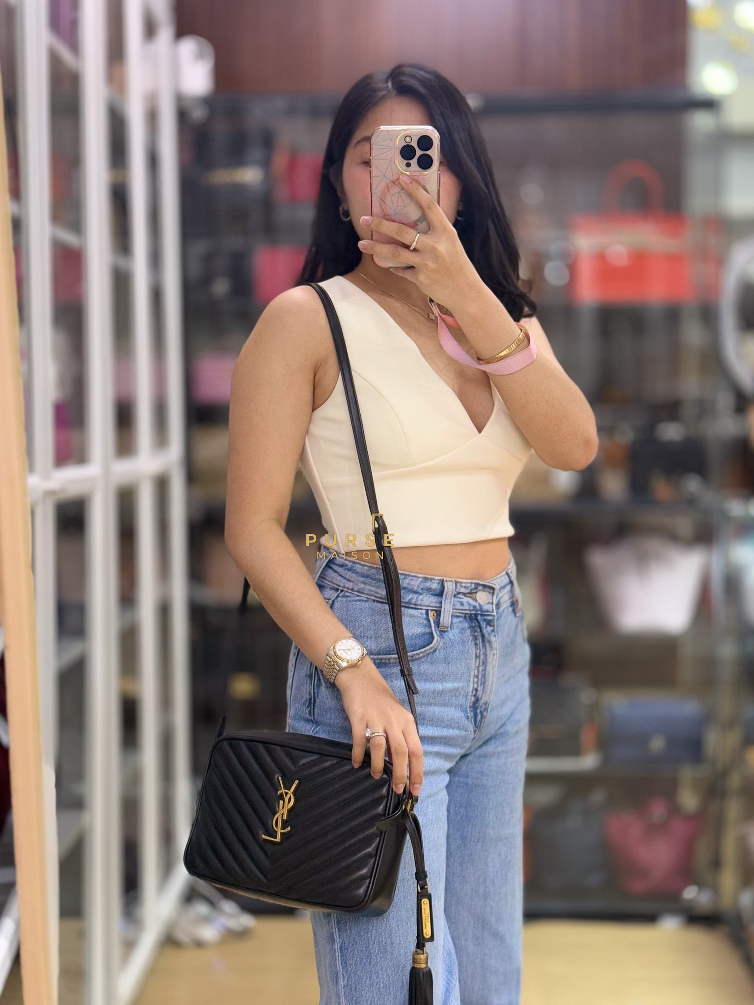 Lou Camera Bag in Black Chevron Calfskin Leather | Purse Maison Luxury Bags Shop