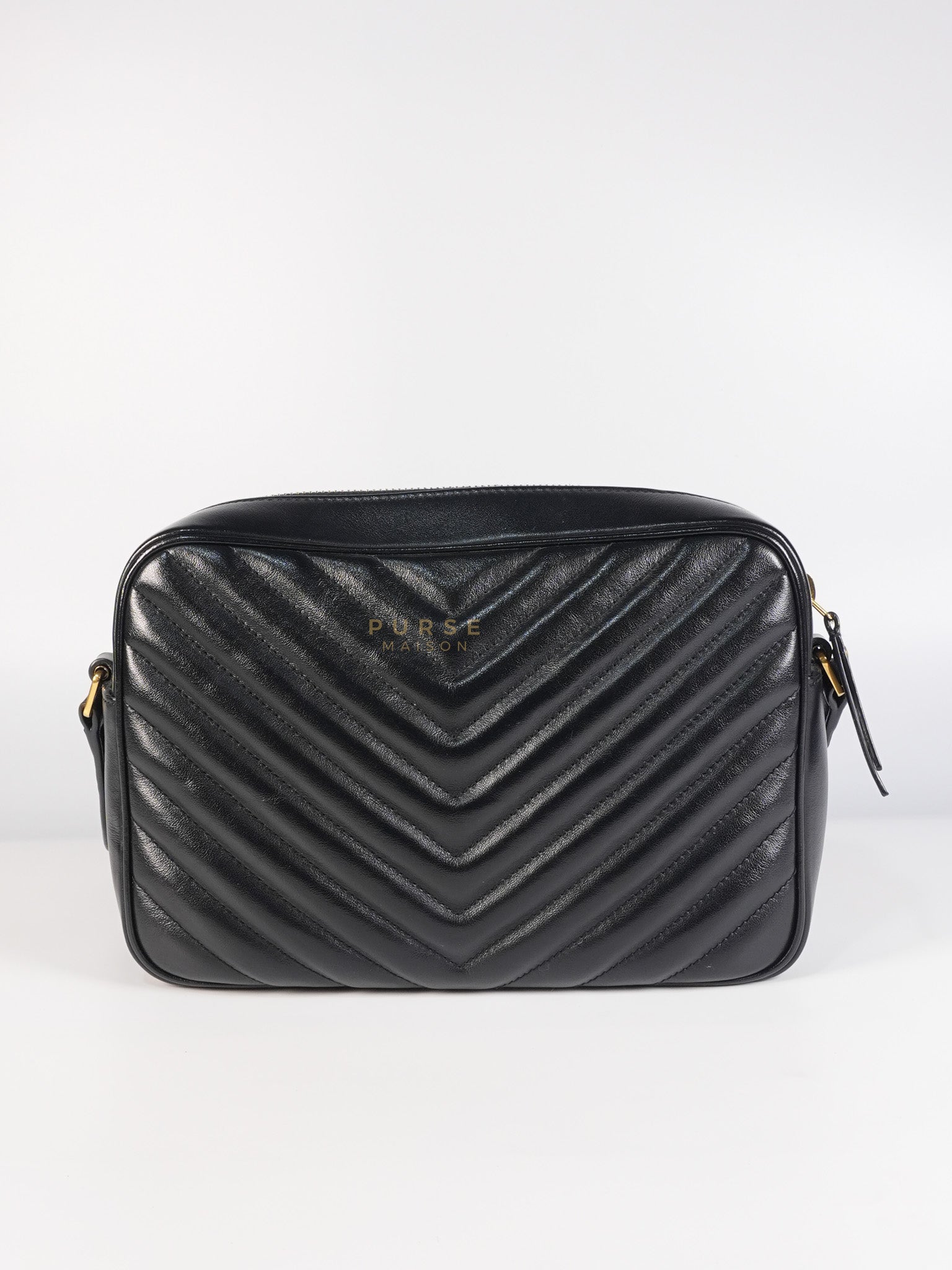 Lou Camera Bag in Black Chevron Calfskin Leather | Purse Maison Luxury Bags Shop