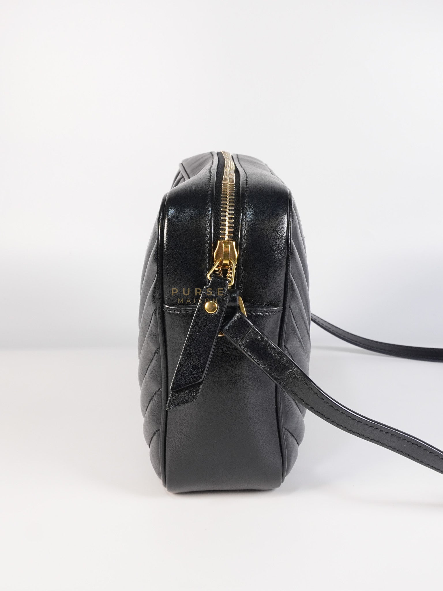 Lou Camera Bag in Black Chevron Calfskin Leather | Purse Maison Luxury Bags Shop