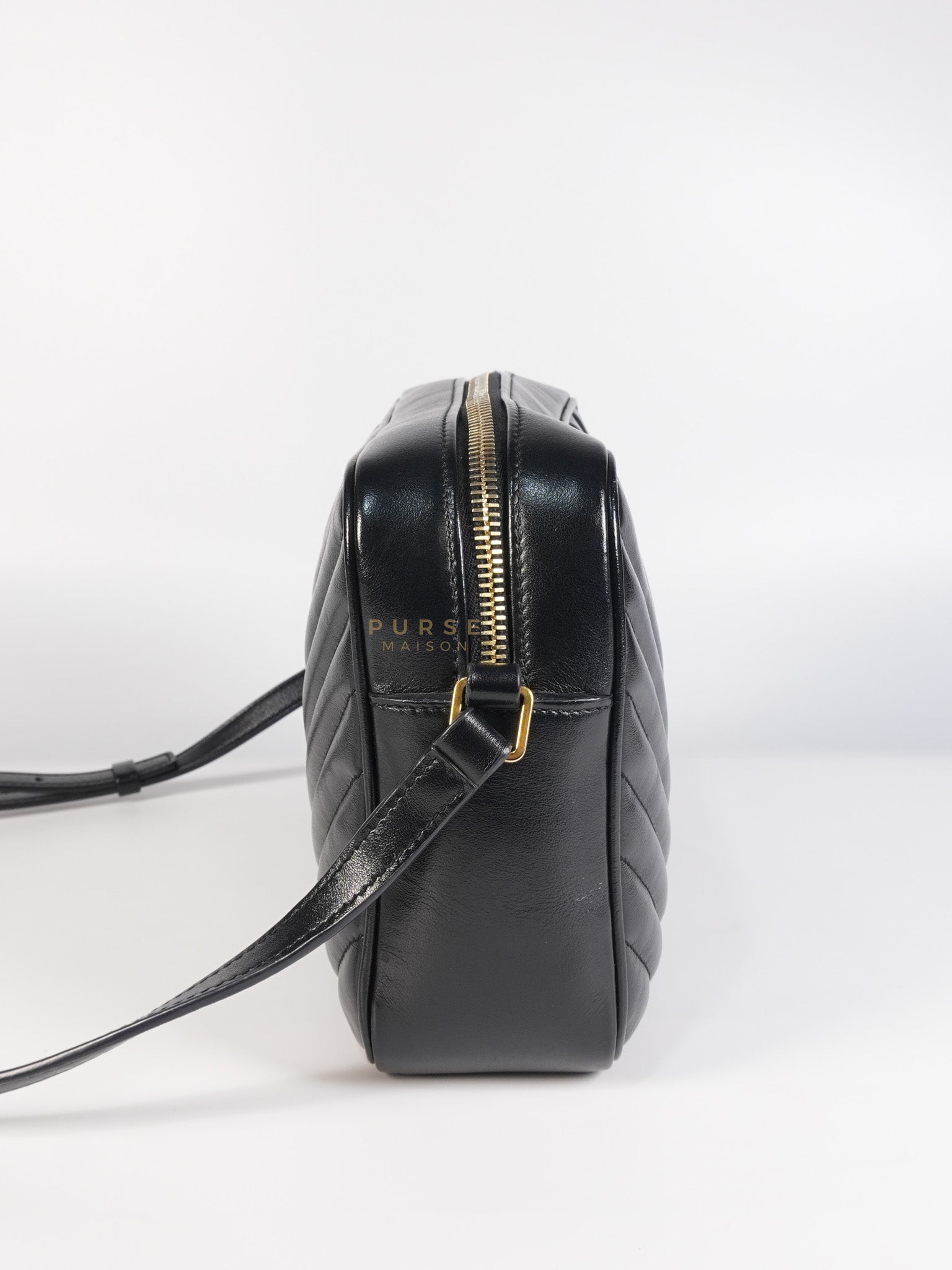 Lou Camera Bag in Black Chevron Calfskin Leather | Purse Maison Luxury Bags Shop