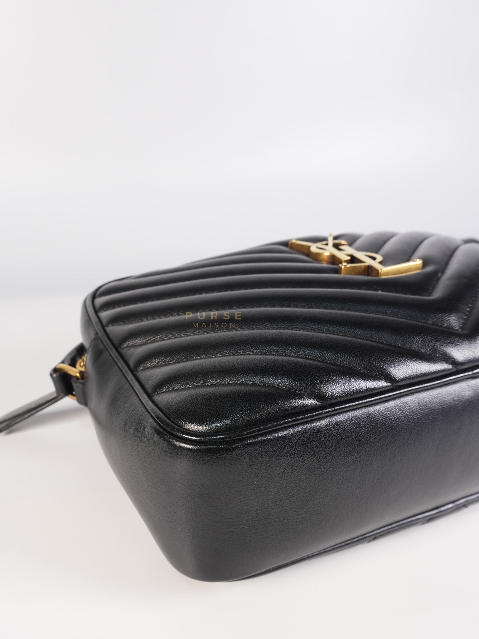 Lou Camera Bag in Black Chevron Calfskin Leather | Purse Maison Luxury Bags Shop