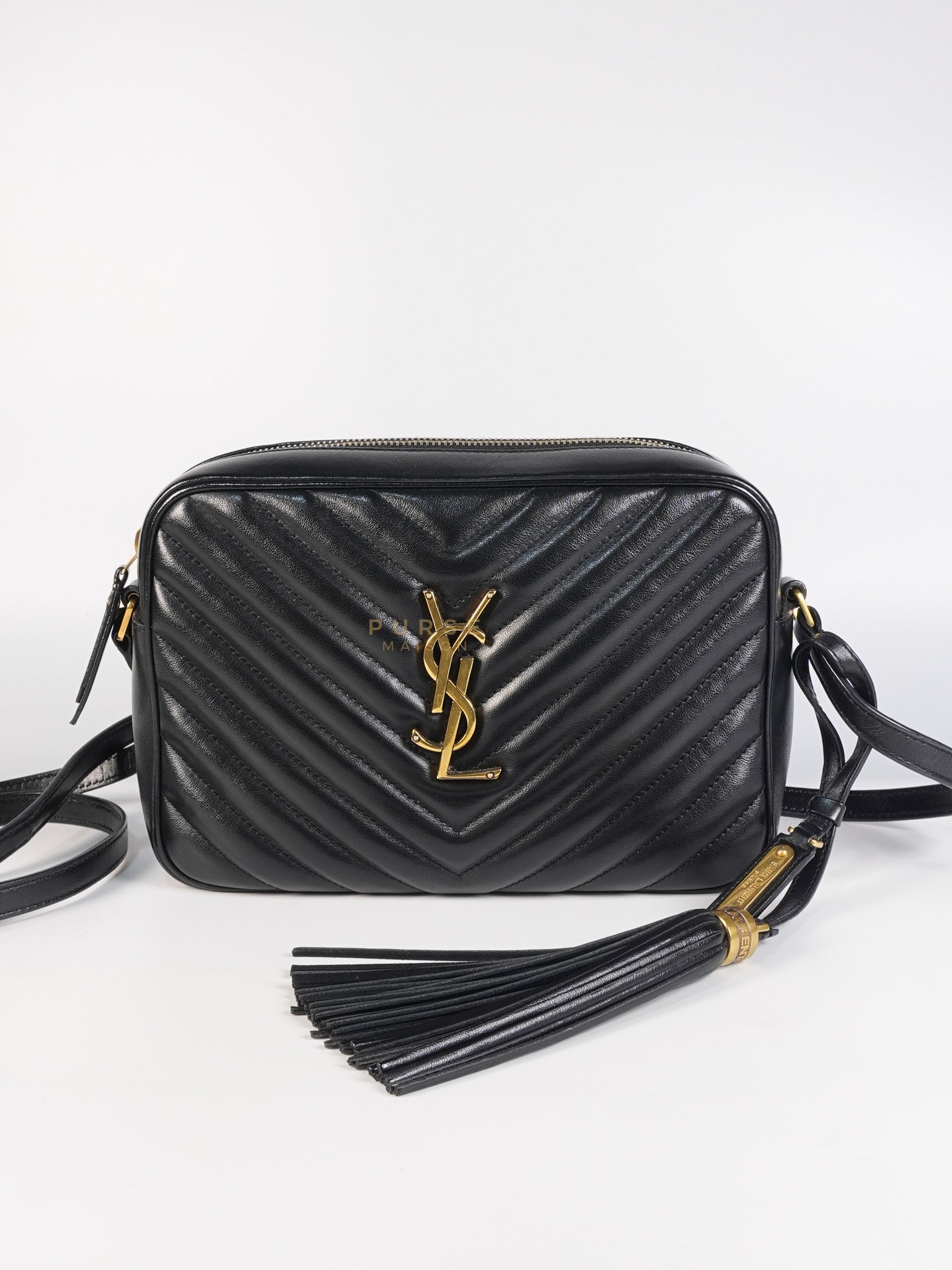 Lou Camera Bag in Black Chevron Calfskin Leather | Purse Maison Luxury Bags Shop