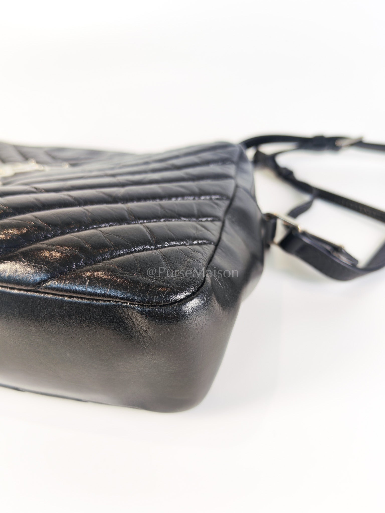 Lou Camera Bag in Black Chevron Quilted Leather & Silver Hardware | Purse Maison Luxury Bags Shop