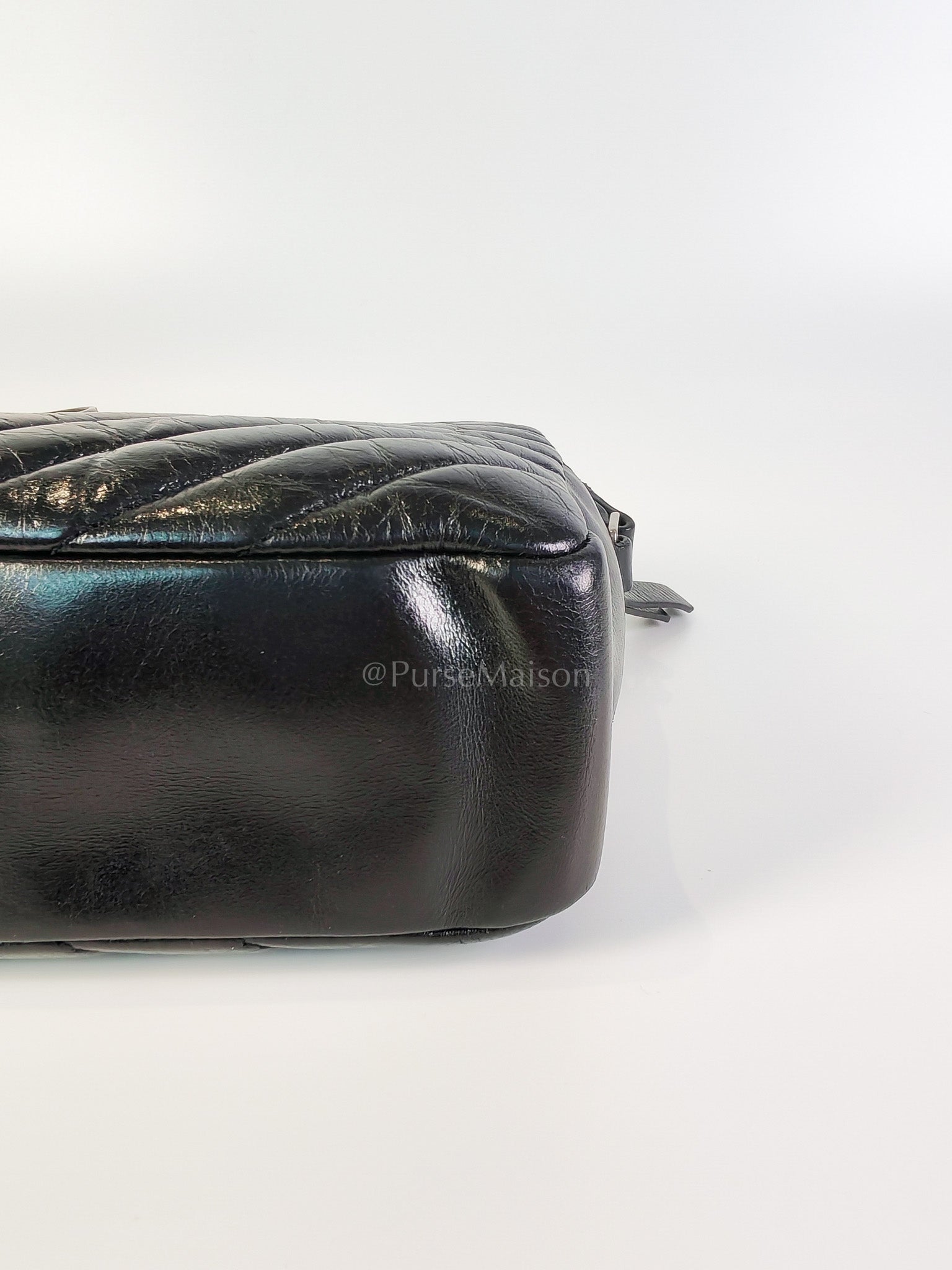 Lou Camera Bag in Black Chevron Quilted Leather & Silver Hardware | Purse Maison Luxury Bags Shop