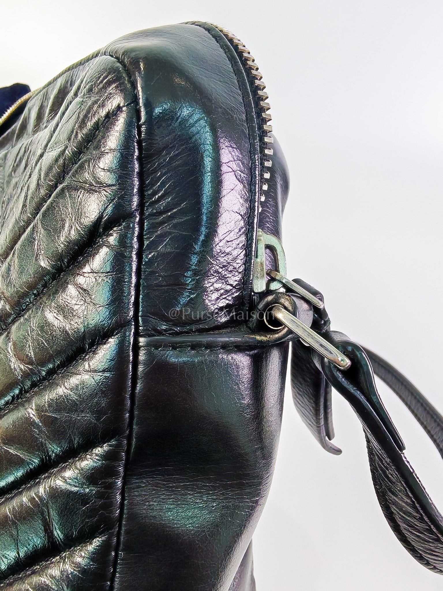 Lou Camera Bag in Black Chevron Quilted Leather & Silver Hardware | Purse Maison Luxury Bags Shop