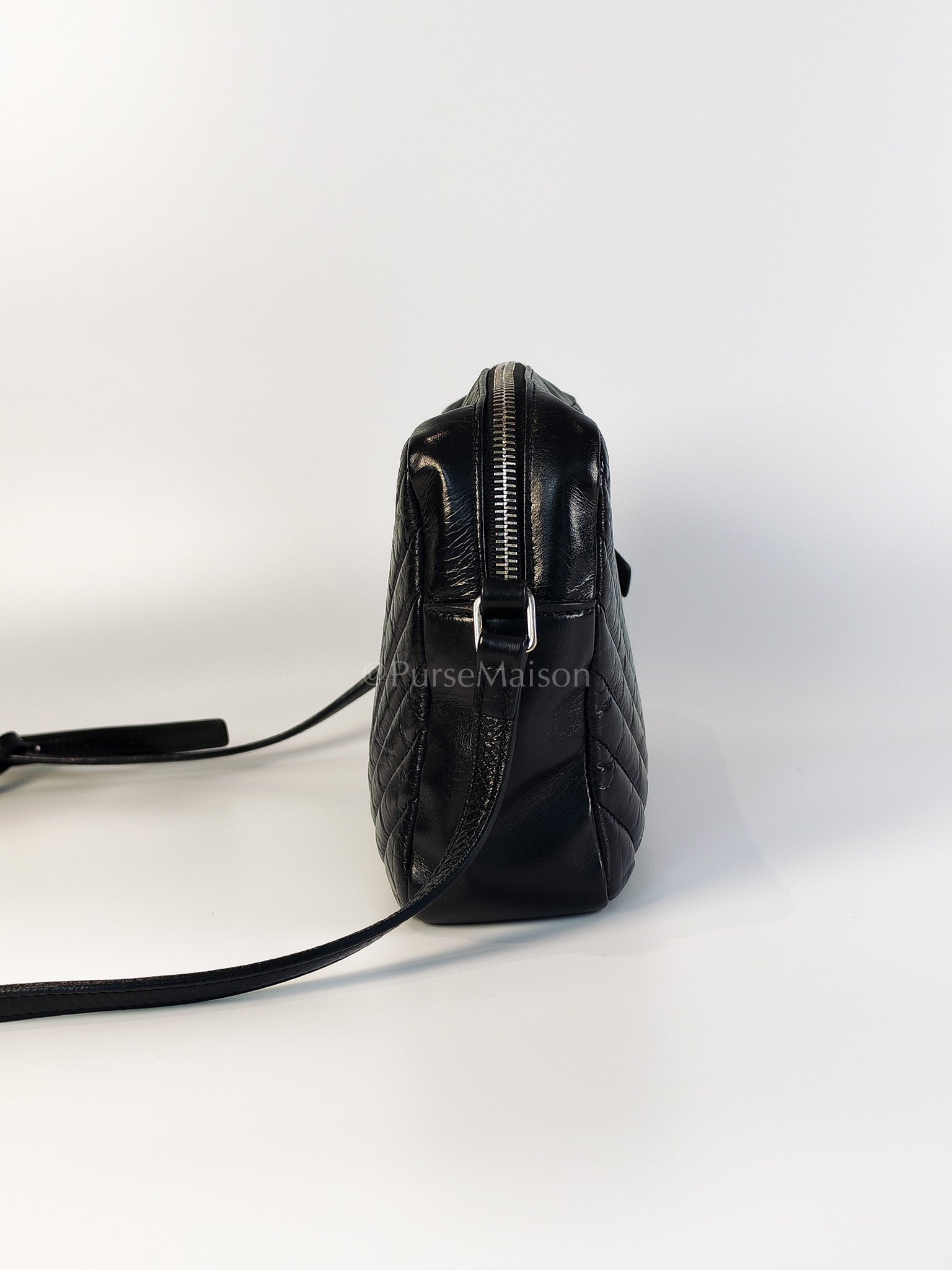 Lou Camera Bag in Black Chevron Quilted Leather & Silver Hardware | Purse Maison Luxury Bags Shop