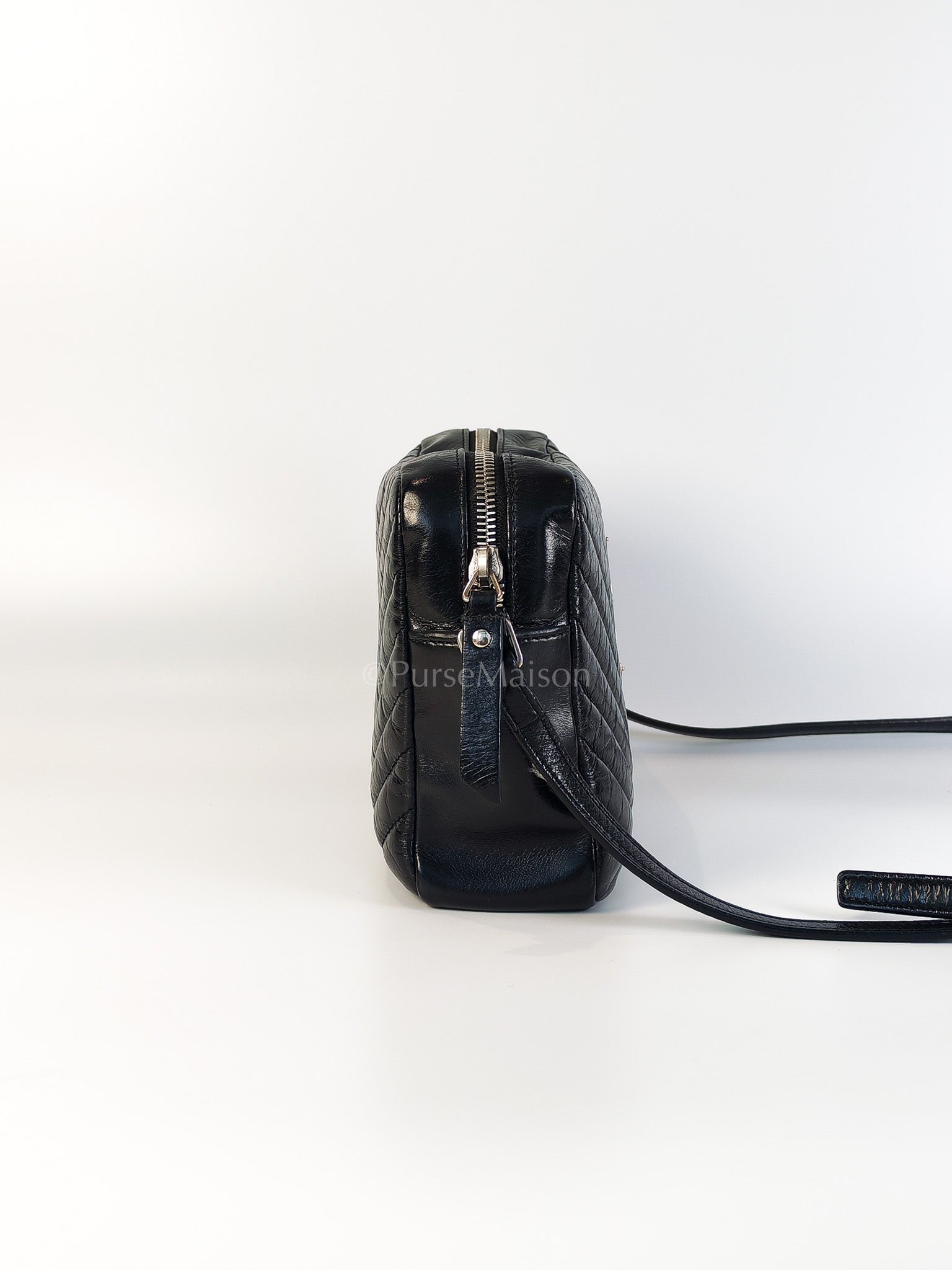 Lou Camera Bag in Black Chevron Quilted Leather & Silver Hardware | Purse Maison Luxury Bags Shop