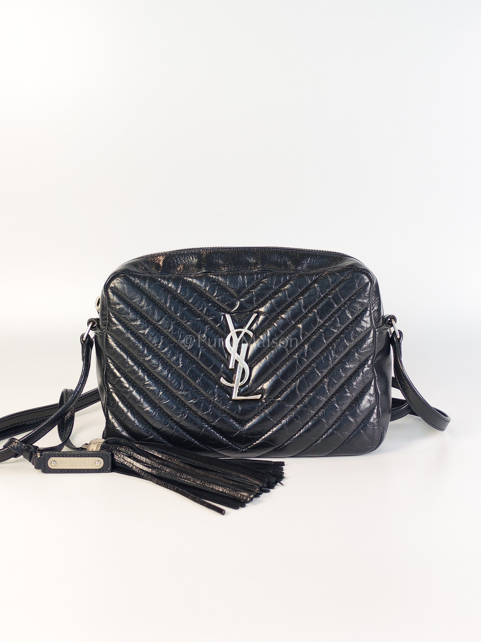 Lou Camera Bag in Black Chevron Quilted Leather & Silver Hardware | Purse Maison Luxury Bags Shop