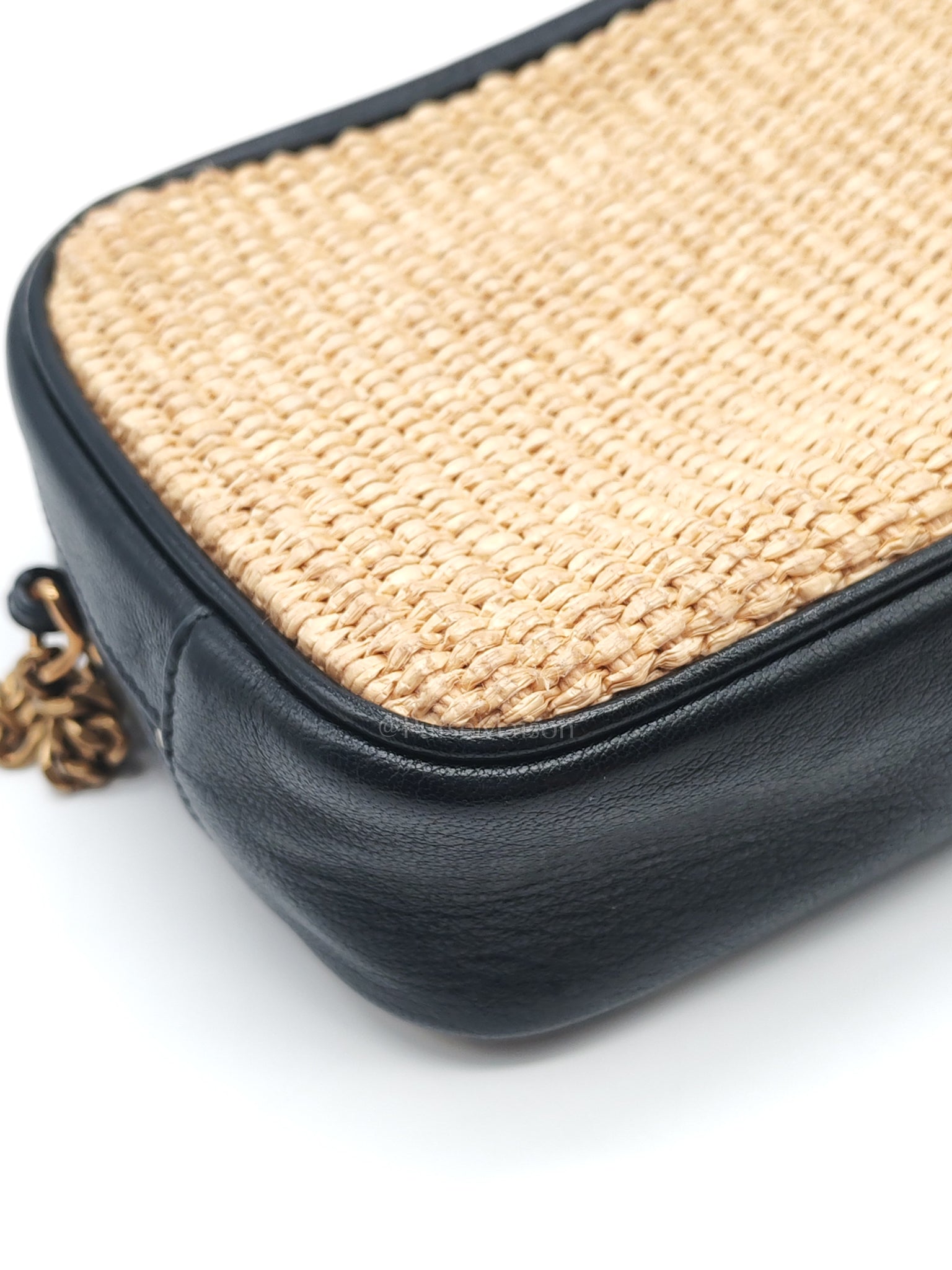 Lou Camera Bag in Black Trimmed Raffia Canvas | Purse Maison Luxury Bags Shop