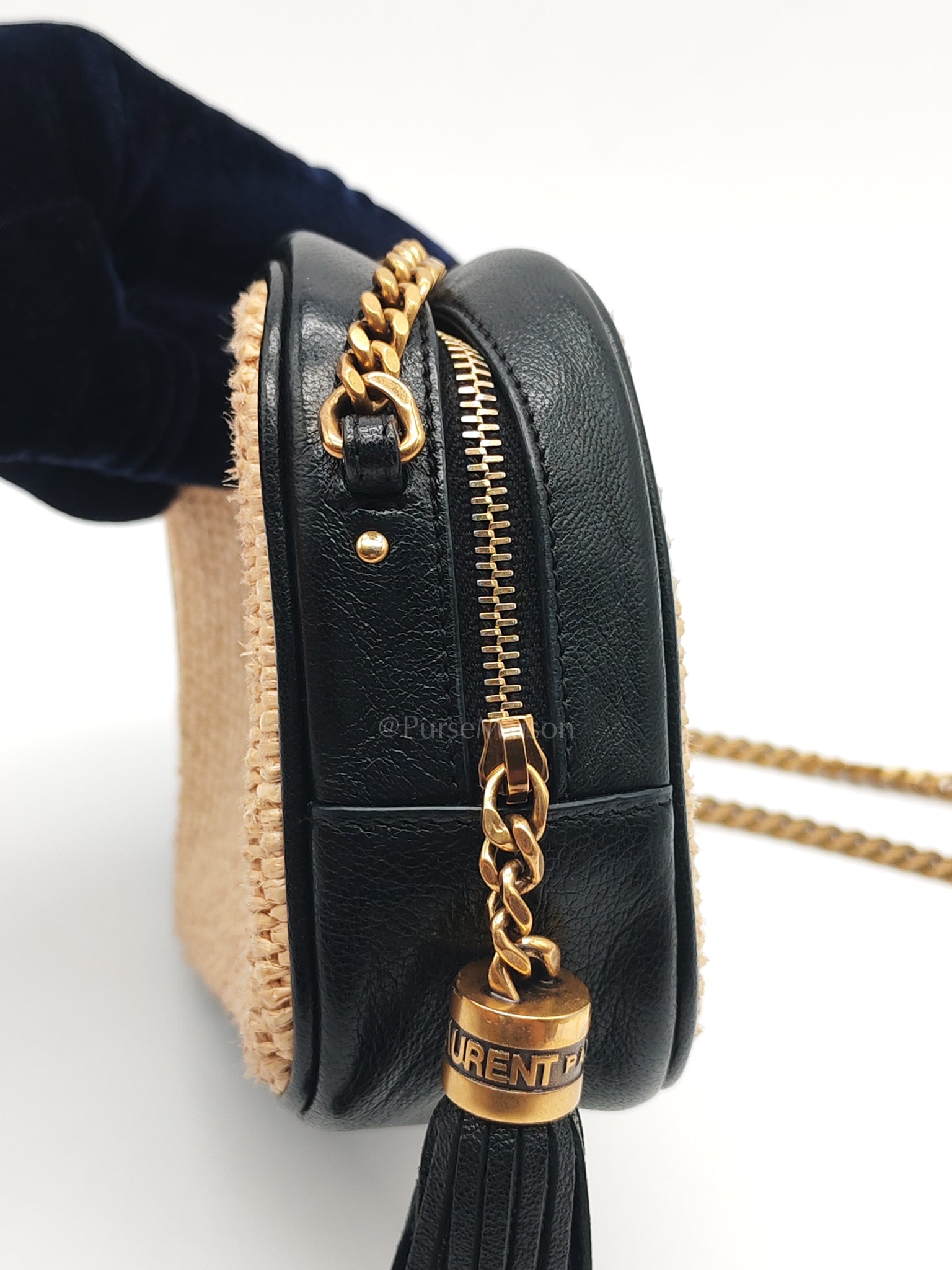 Lou Camera Bag in Black Trimmed Raffia Canvas | Purse Maison Luxury Bags Shop