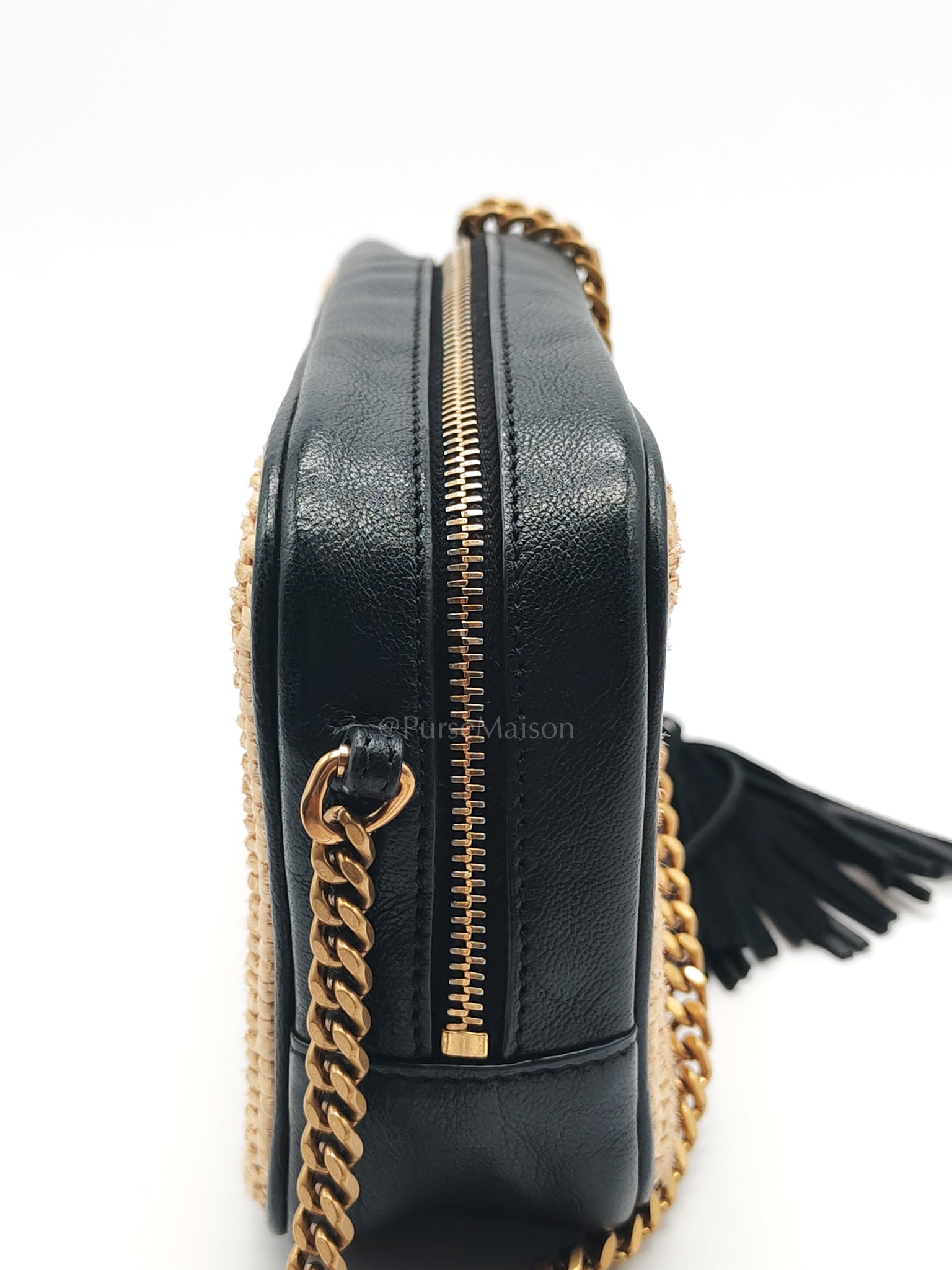 Lou Camera Bag in Black Trimmed Raffia Canvas | Purse Maison Luxury Bags Shop