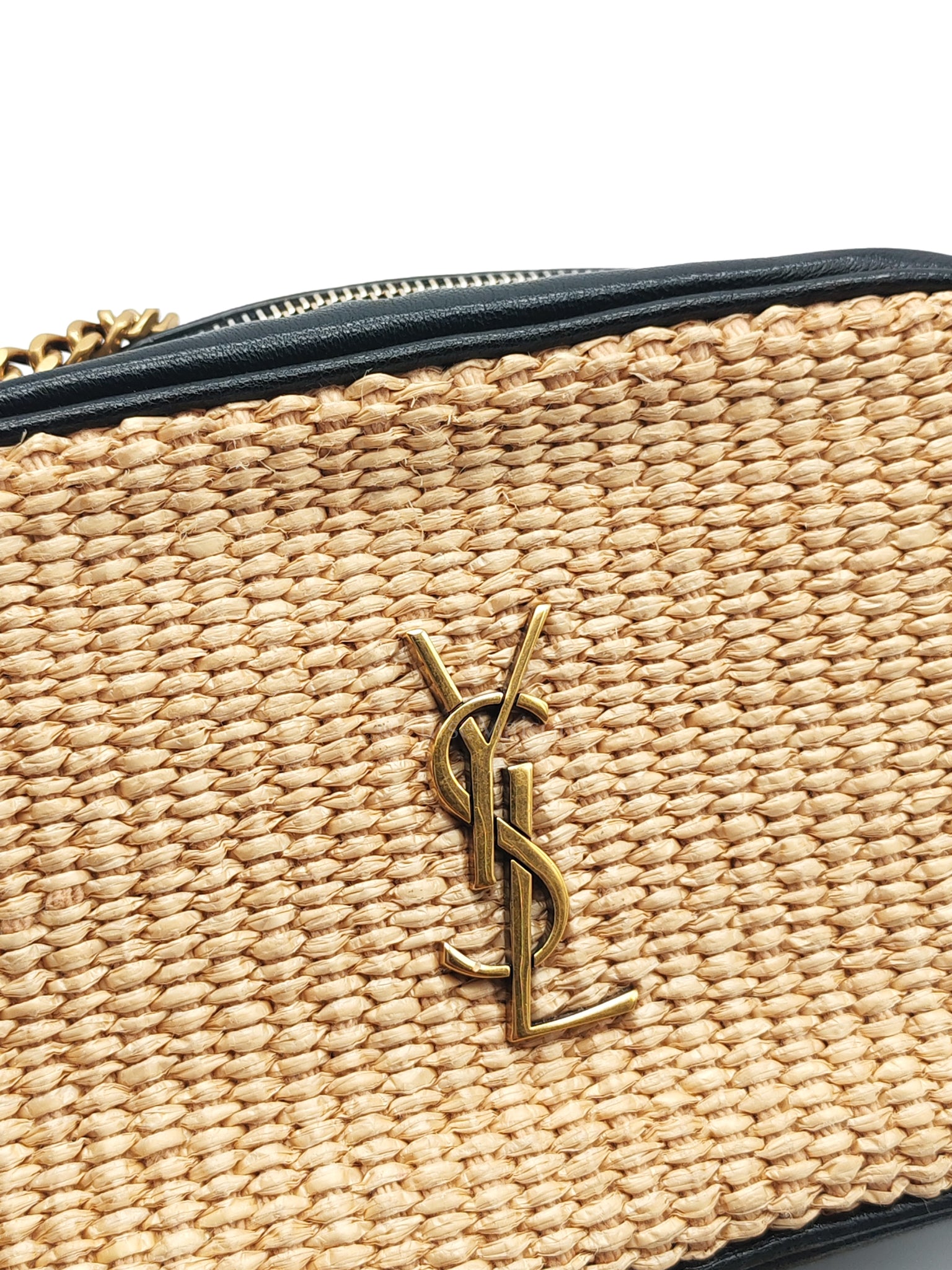 Lou Camera Bag in Black Trimmed Raffia Canvas | Purse Maison Luxury Bags Shop
