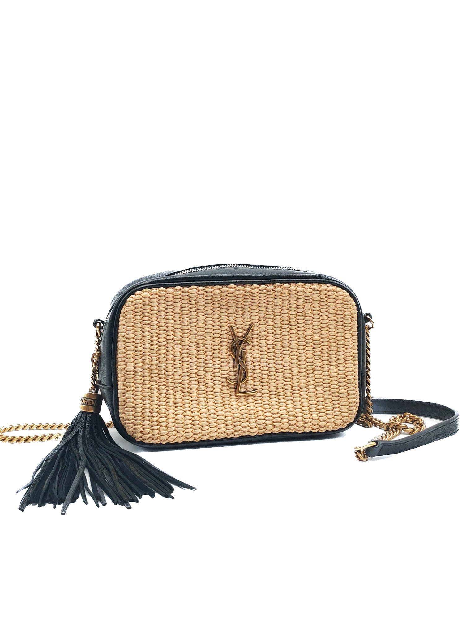 Lou Camera Bag in Black Trimmed Raffia Canvas | Purse Maison Luxury Bags Shop