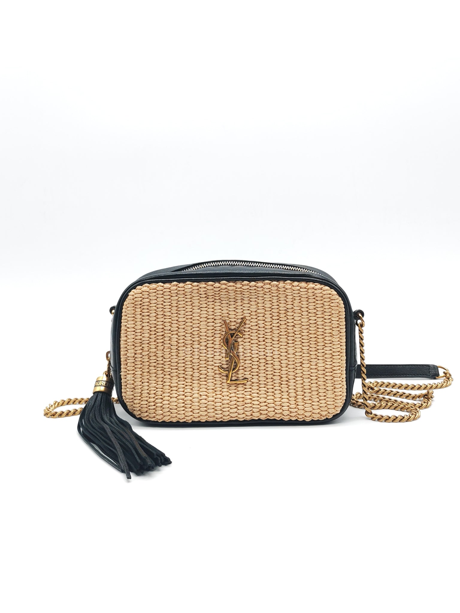 Lou Camera Bag in Black Trimmed Raffia Canvas | Purse Maison Luxury Bags Shop